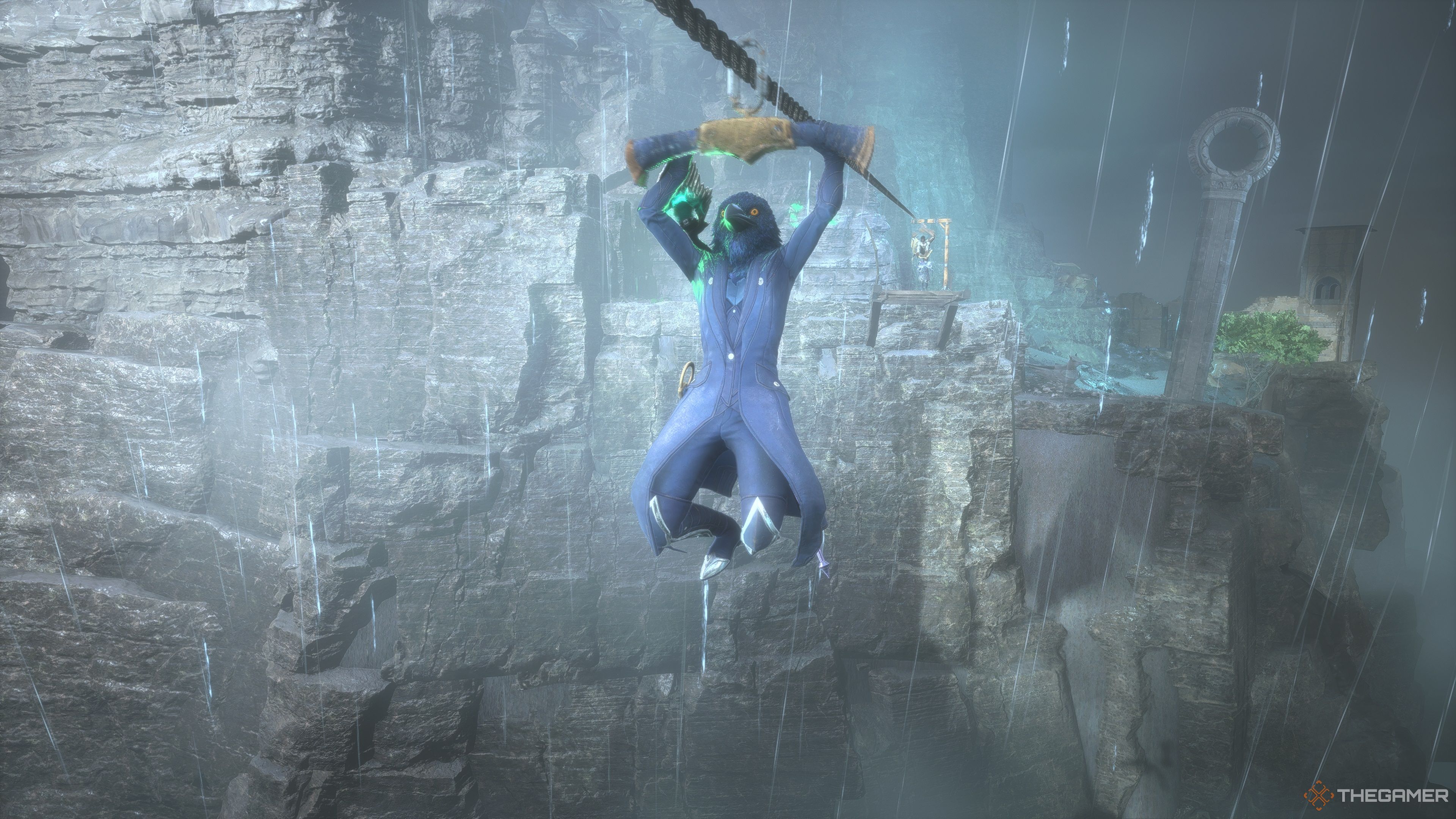 Rook using a zipline in Dragon Age The Veilguard