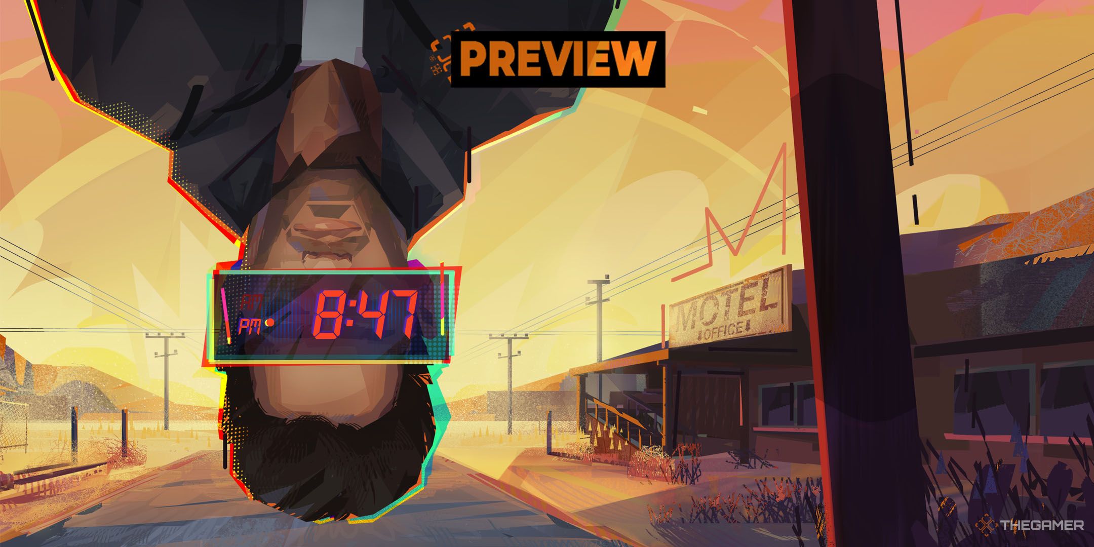 Rue Valley key artwork showing Harrow upside down in front of the motel with the time in front of his eyes.