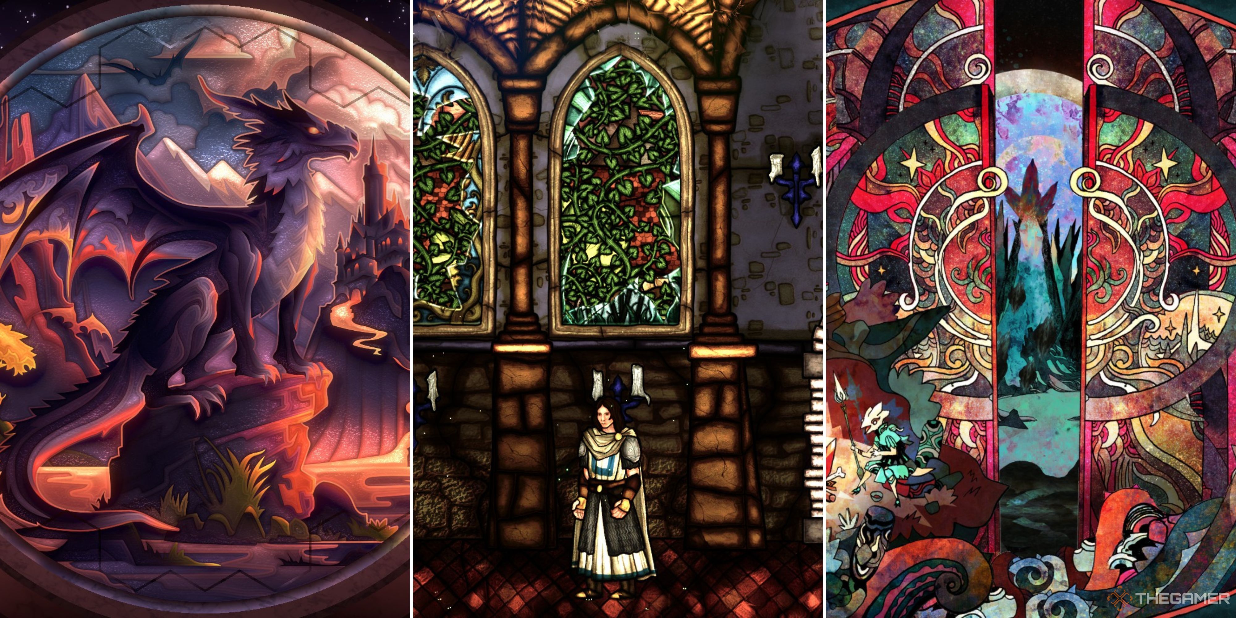 Screenshots from Glass Masquerade 3, Saga of Sins, and Atheris are lined up in a row.