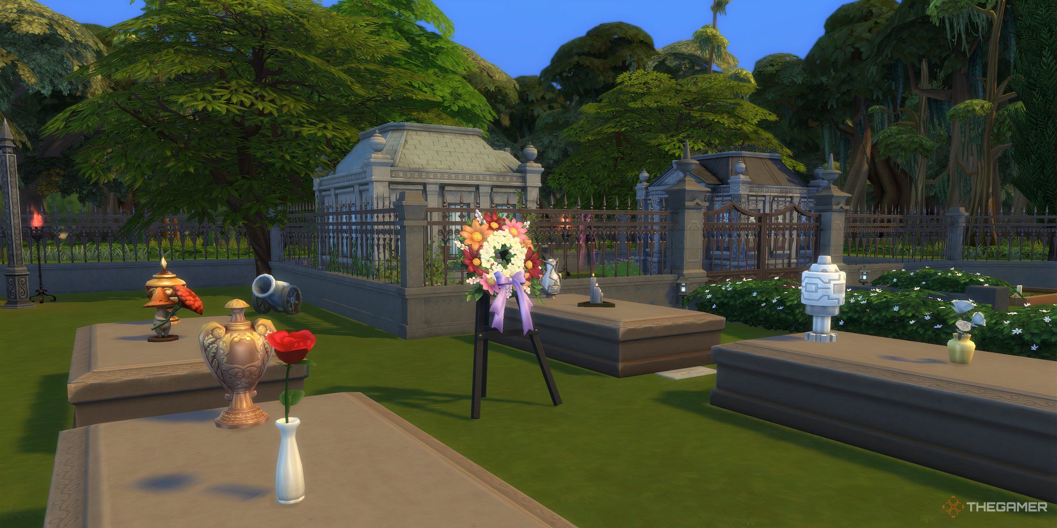 Several funeral items in the graveyard in The Sims 4 Life and Death.-1