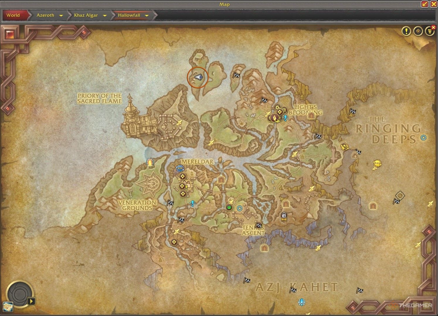 The location of Shurrai, Atrocity of the Undersea, circled in orange on the map of Hallowfall.