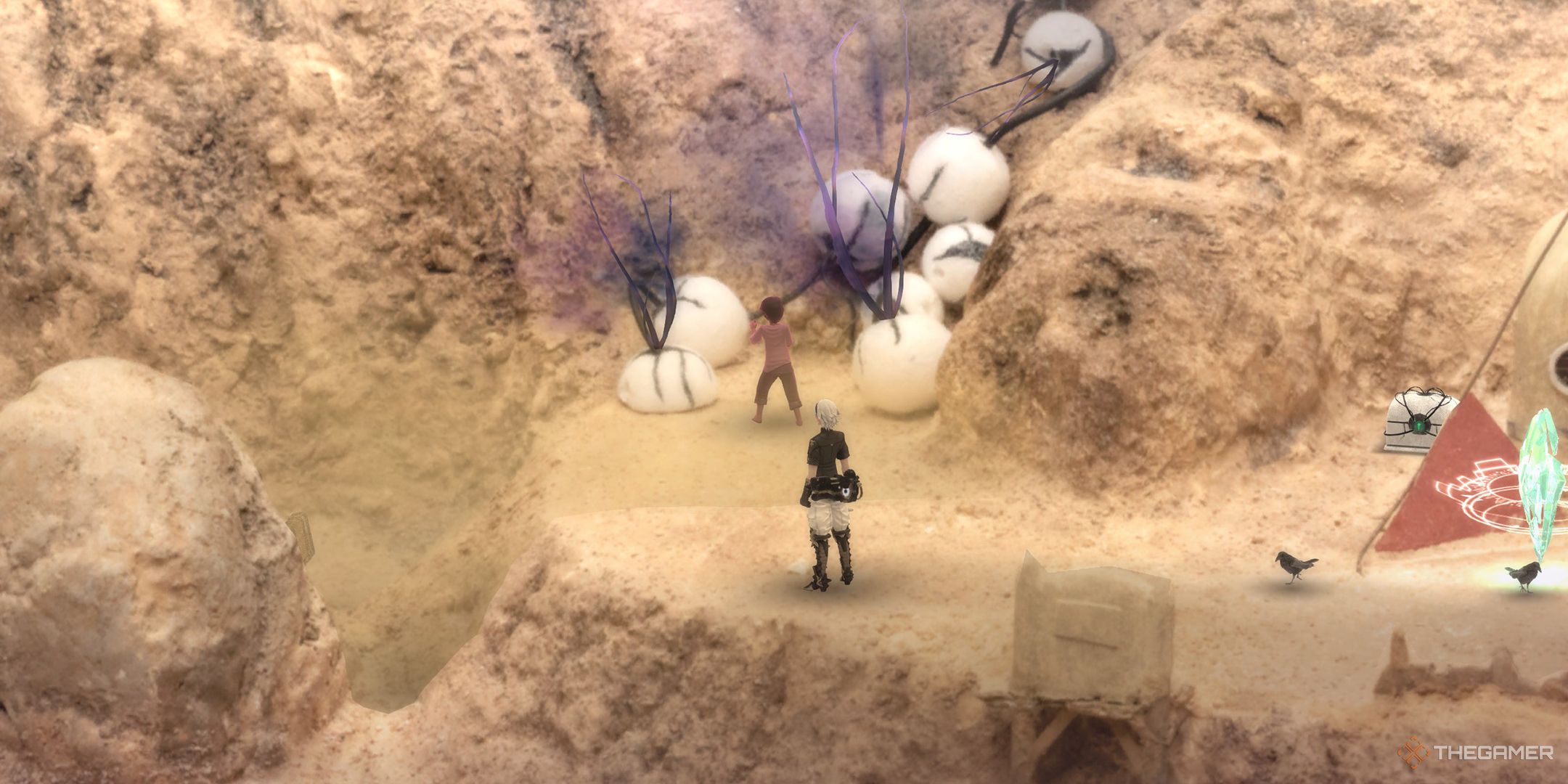 Leo approaching the missing boy during the Sick Mother side quest.