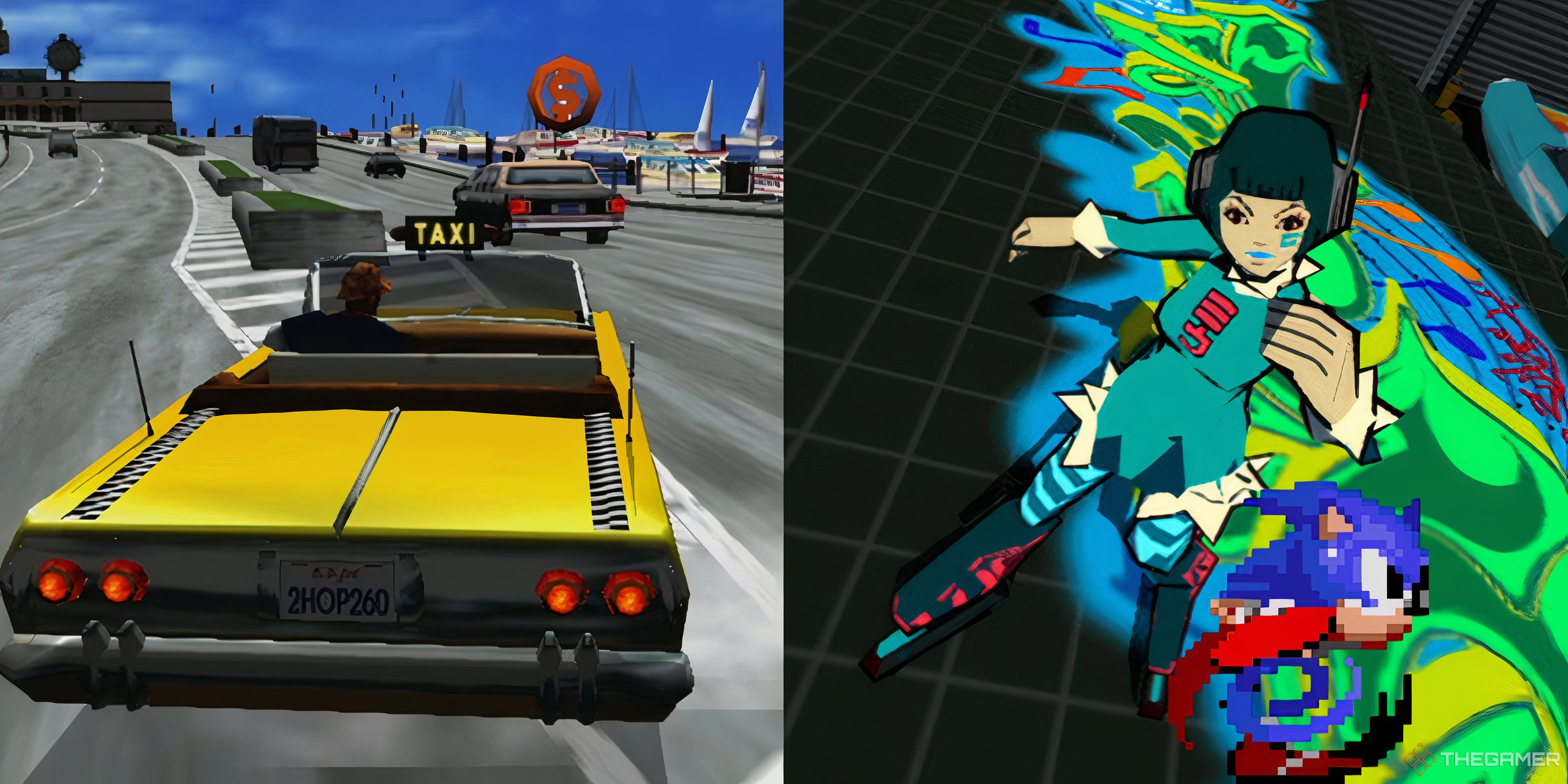 sonic running across screenshots from crazy taxi and jet set radio.