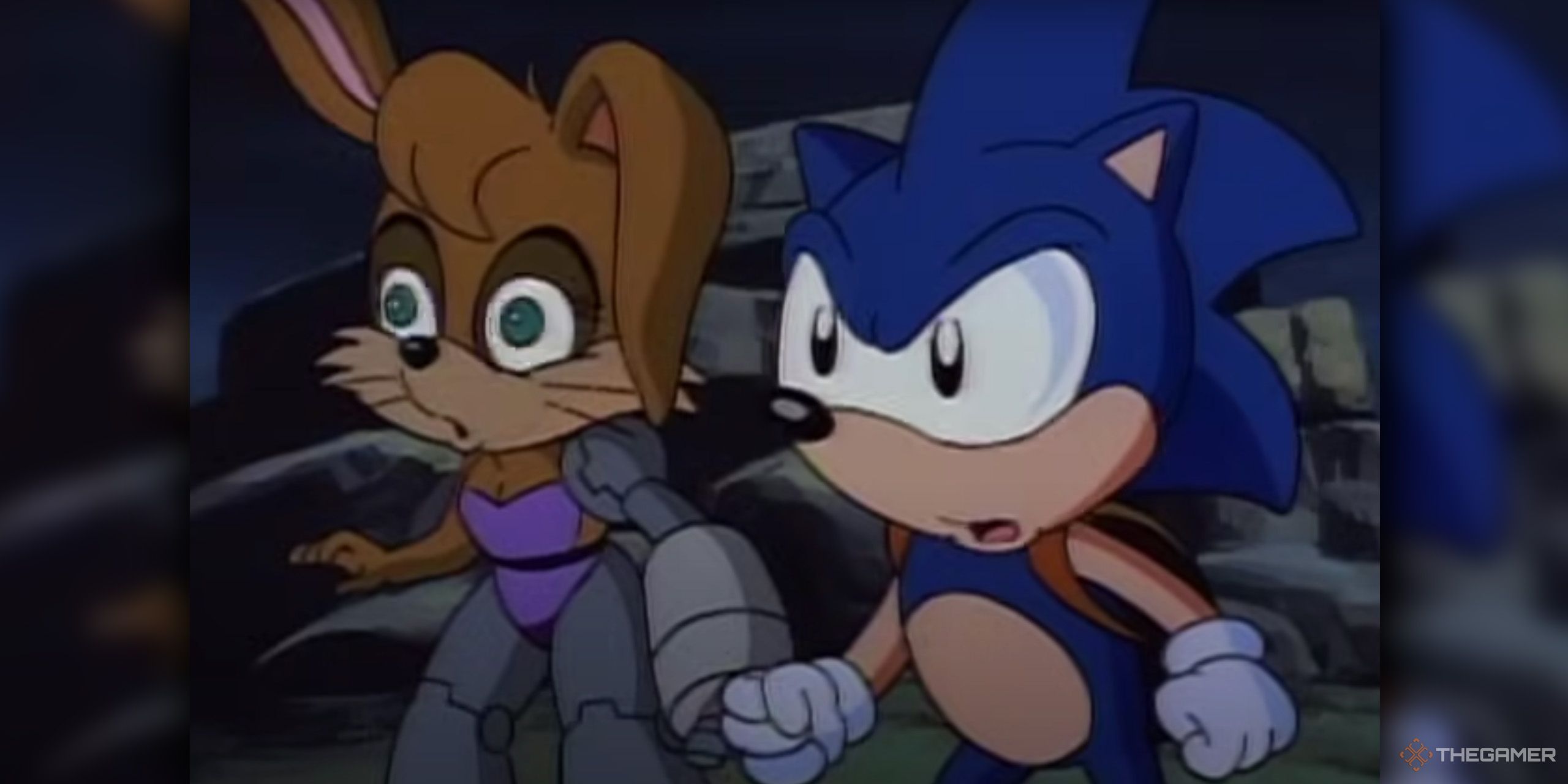 Sonic and Bunnie Rabbot standing in a dark field from Sonic SatAM.