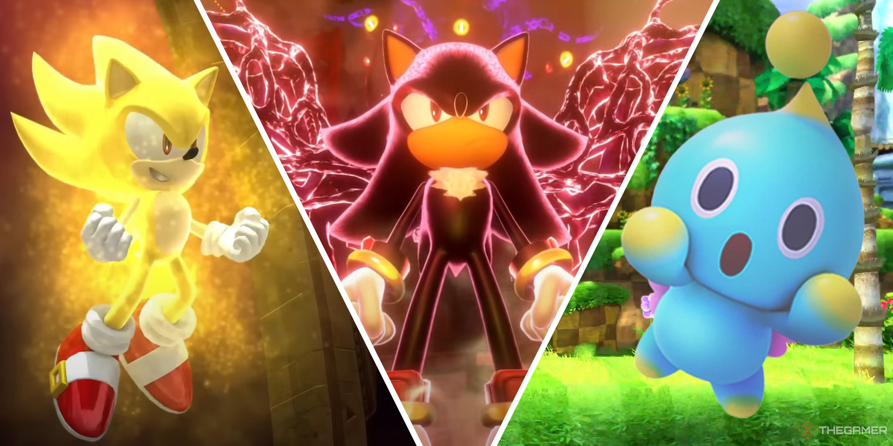 A split image of Sonic X Shadow Generations, showing Super Sonic, Shadow, and a Chao.