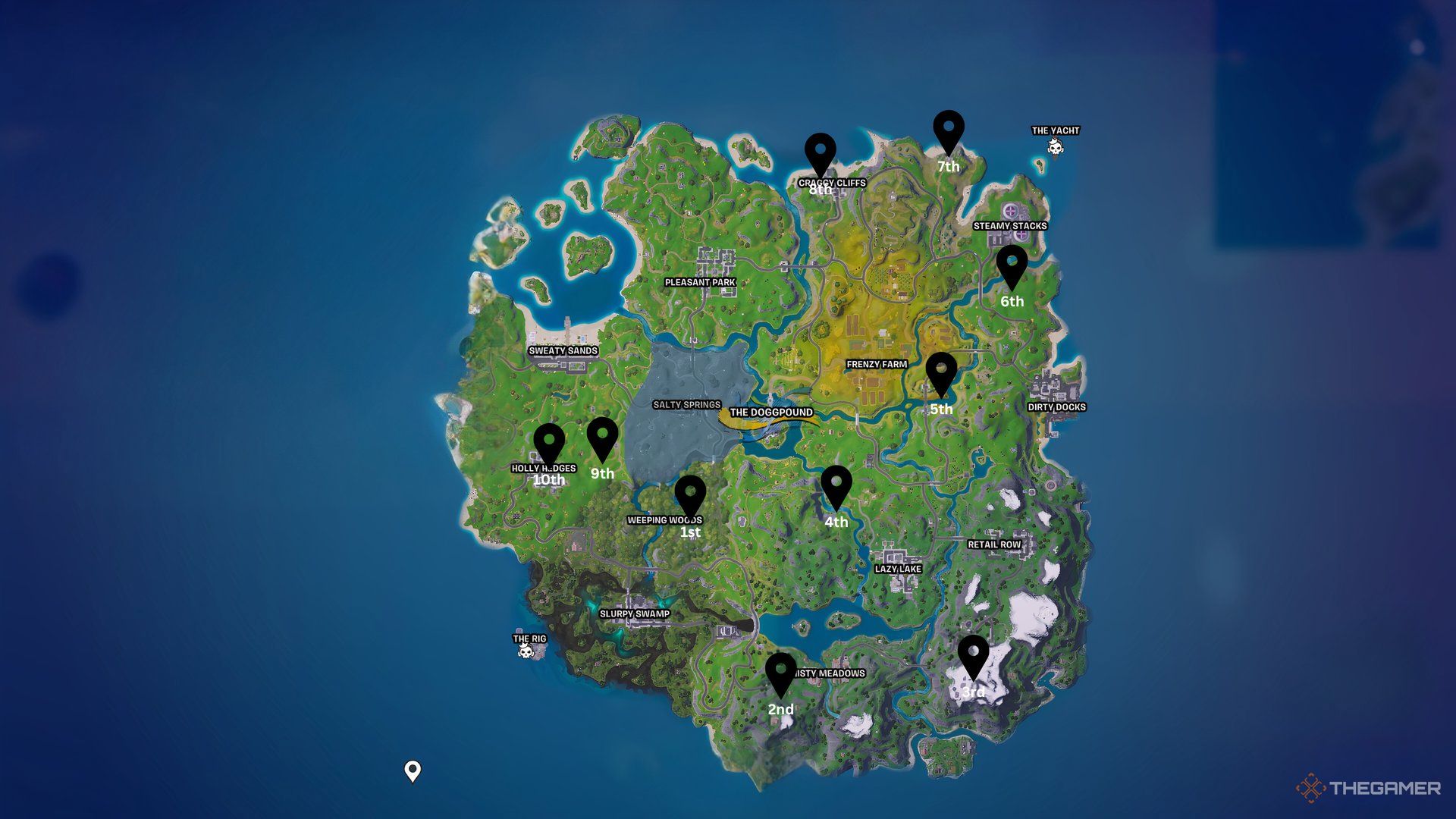 یک اسکرین شات از نقشه Fortnite با مکان های مخفی گنوم. 
