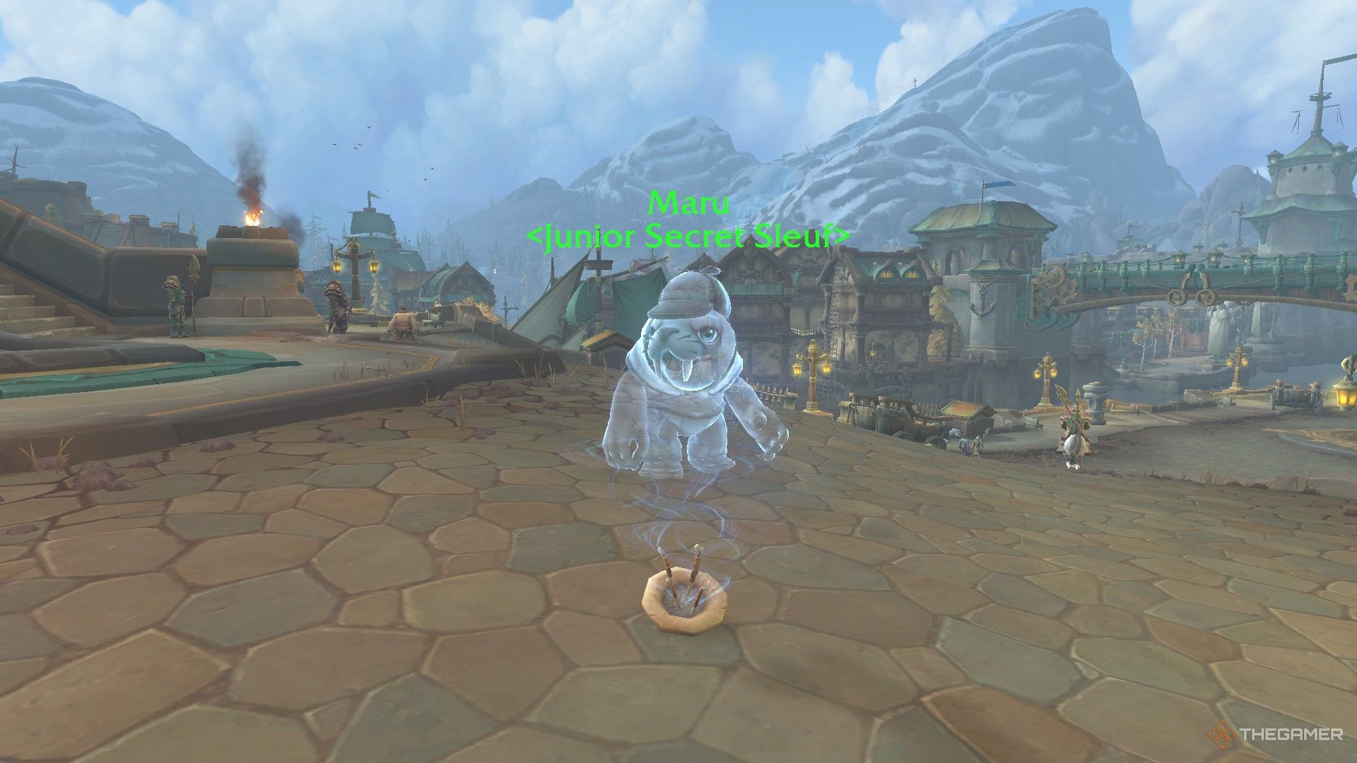 Maru's projection through the Spritual Incense item, with the skyline of Boralus in the background.