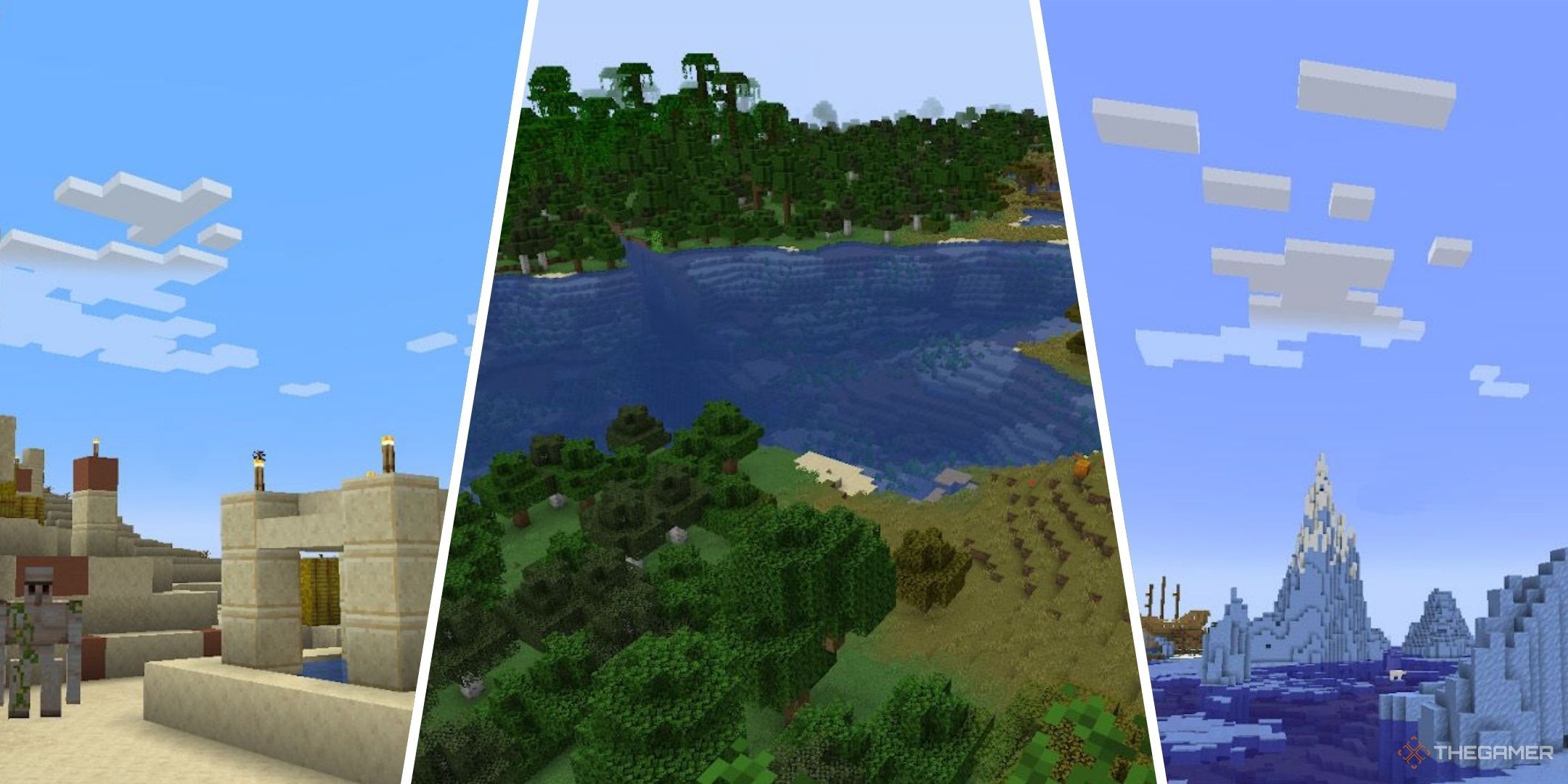 Split images of various Minecraft worlds.