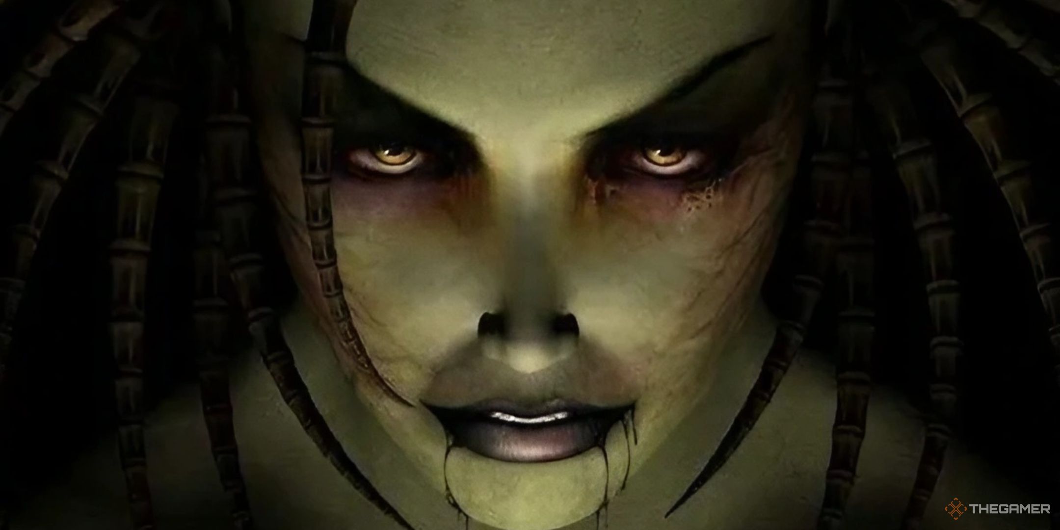 a closeup of zerg kerrigan on the cover of starcraft: brood war.