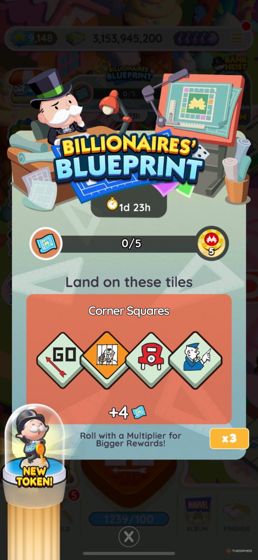 Start screen showing how to earn points in Billionaire&rsquo;s Blueprint in Monopoly Go.