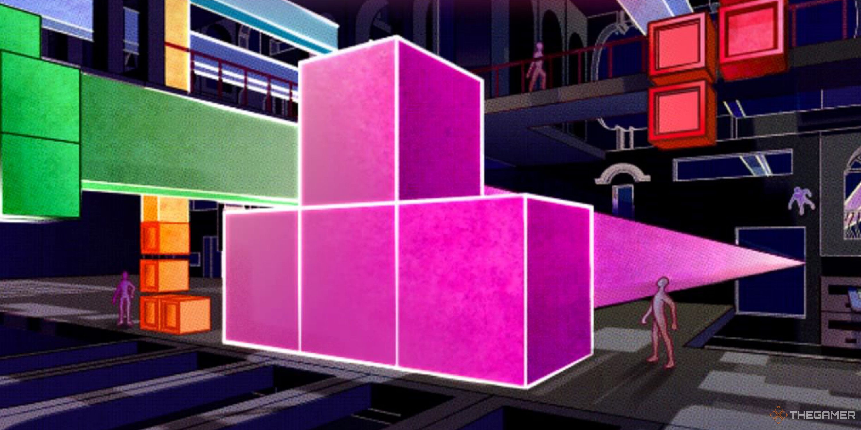 A human looks up at a gigantic T-shaped tetromino in this key art for Tetris Forever by Willea Zwey.