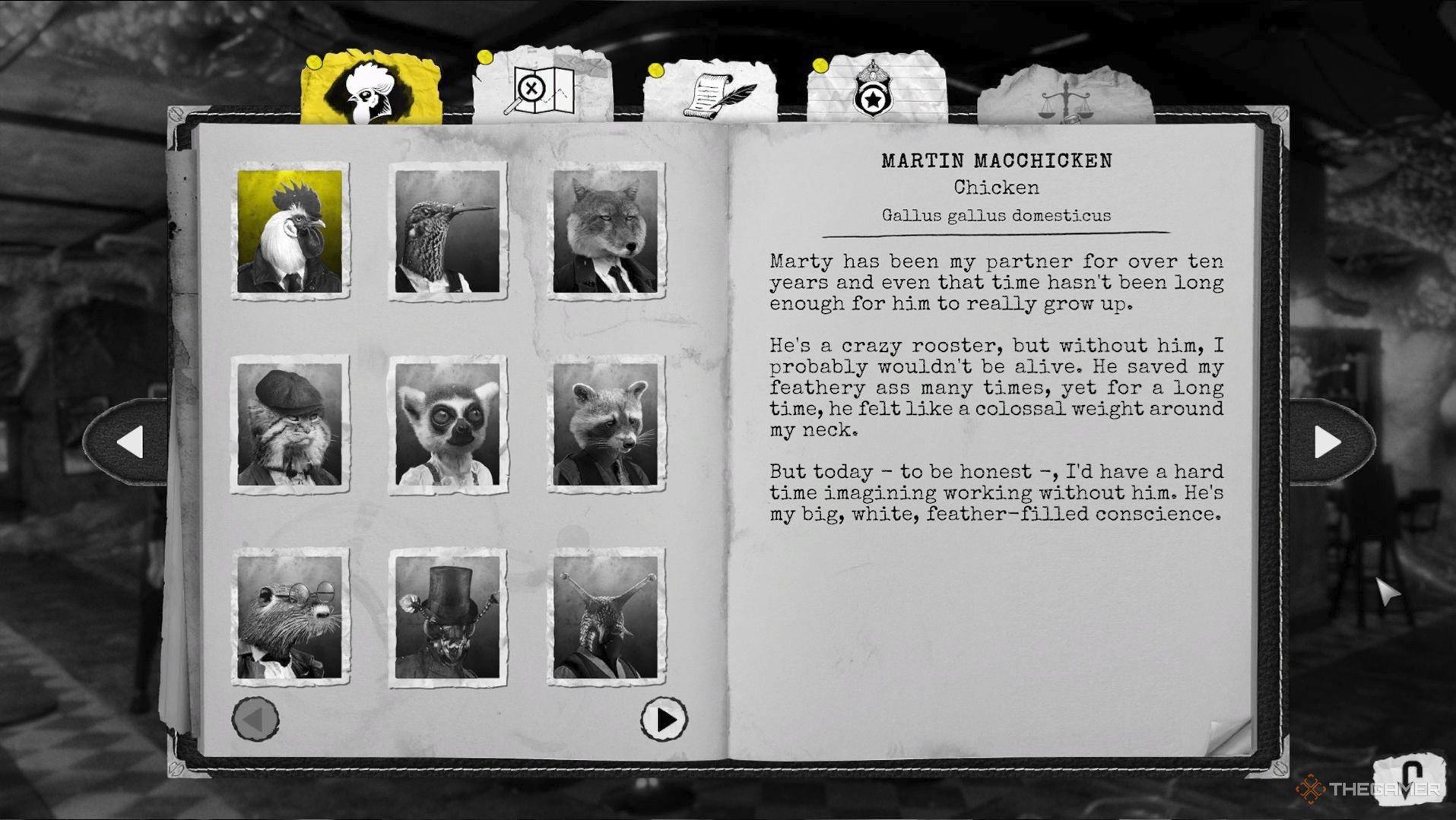 The first page of Sonny&rsquo;s codex highlighting Marty in Chicken Police Into the Hive.