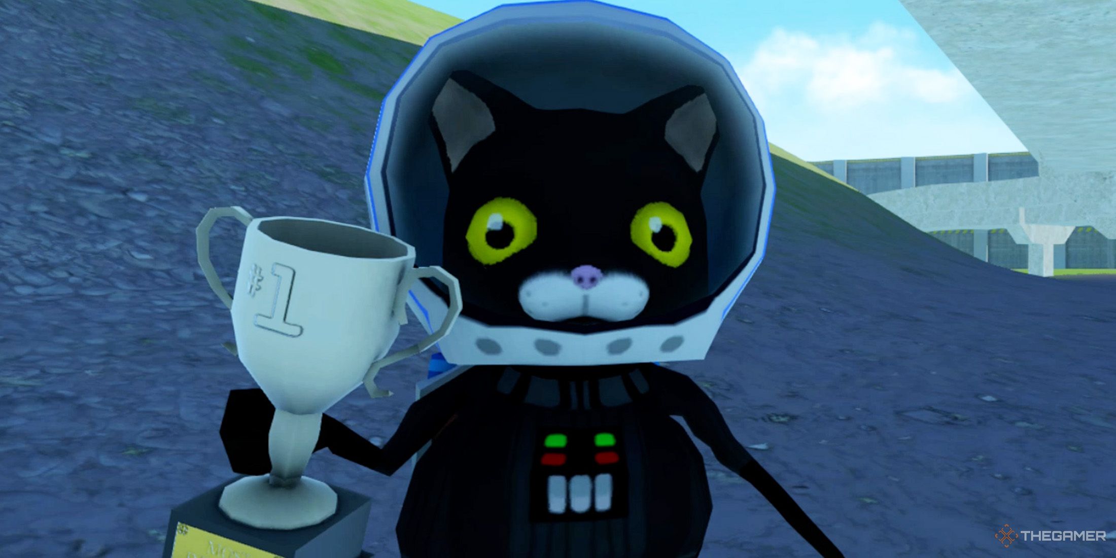The player holds a silver trophy under the bridge in Amazing Frog