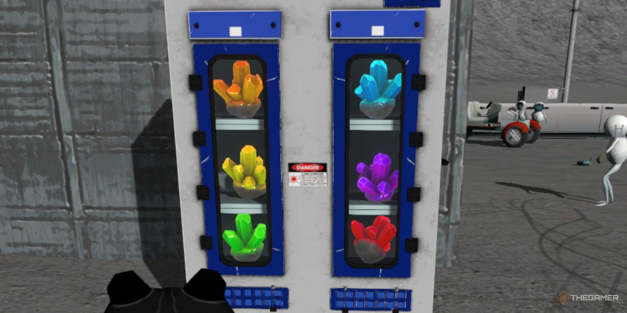 The player is looking at the six different crystals inside the cabinet on the Moon  in Amazing Frog
