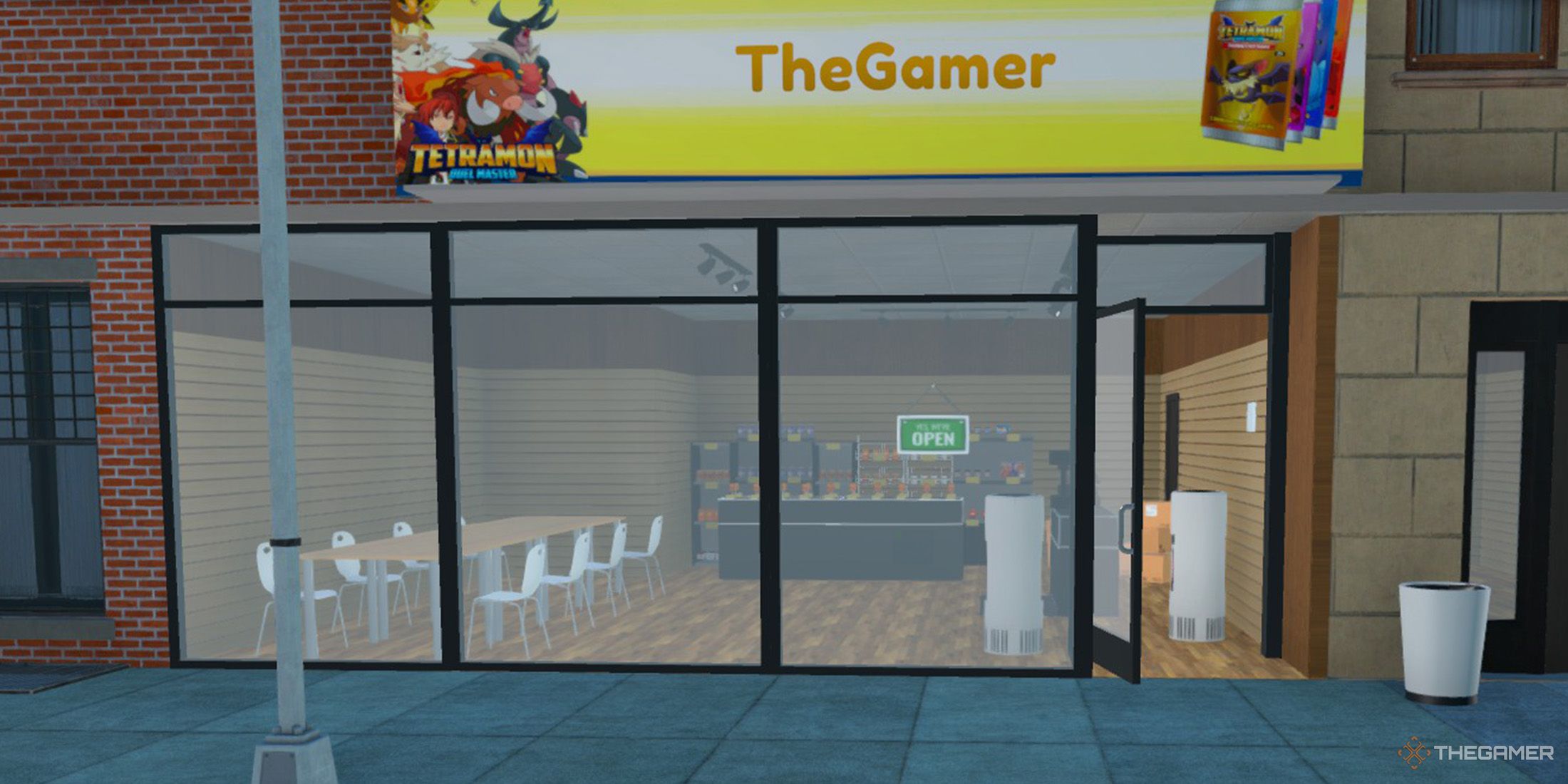 The player is standing in front of his shop in TCG Card Shop Simulator