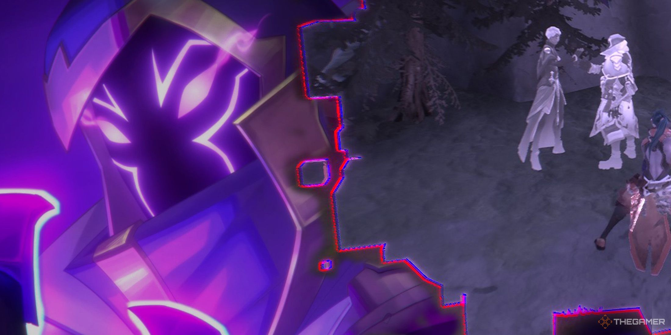 The player sees a memory of Kyros with Omen on the right side, while Kyros&rsquo;s portrait is on the left side in Wayfinder