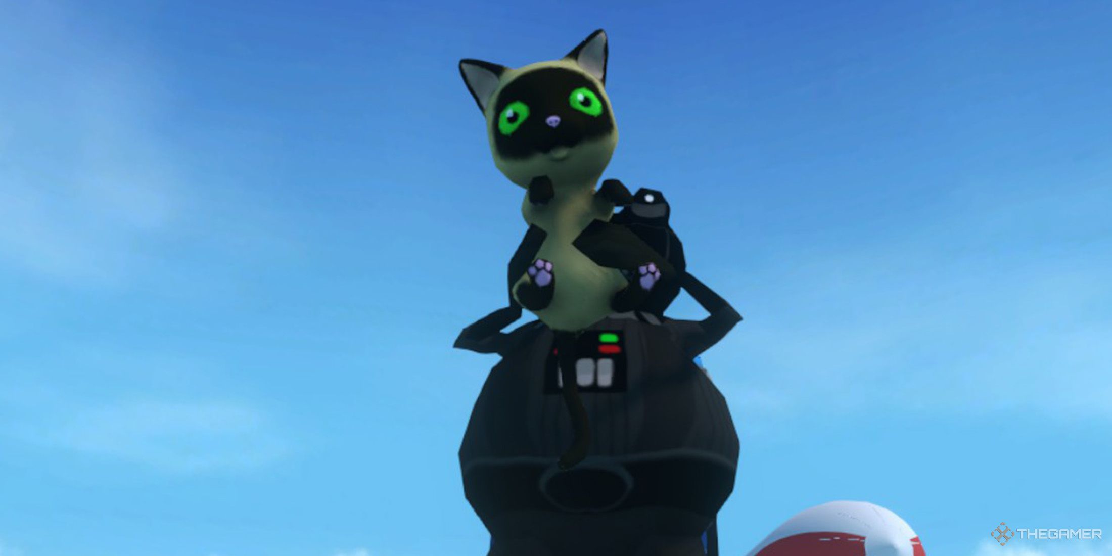 The player wears the Darth Vader costume and holds a kitten in Amazing Frog