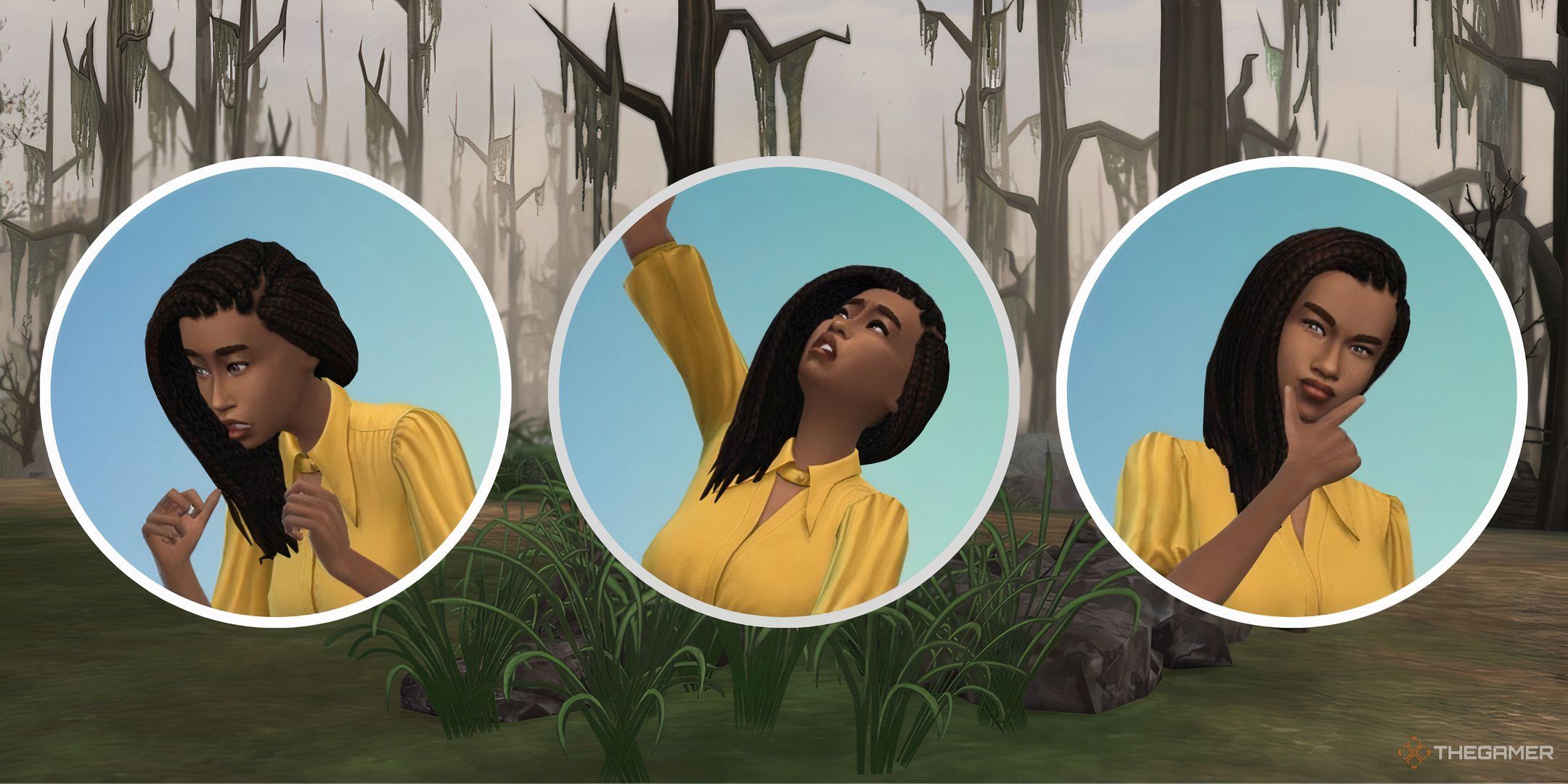 The same Sim emoting for the Chased by Death, Macabre, and Skeptical traits in The Sims 4 Life and Death in front of the bog in Mourningvale.