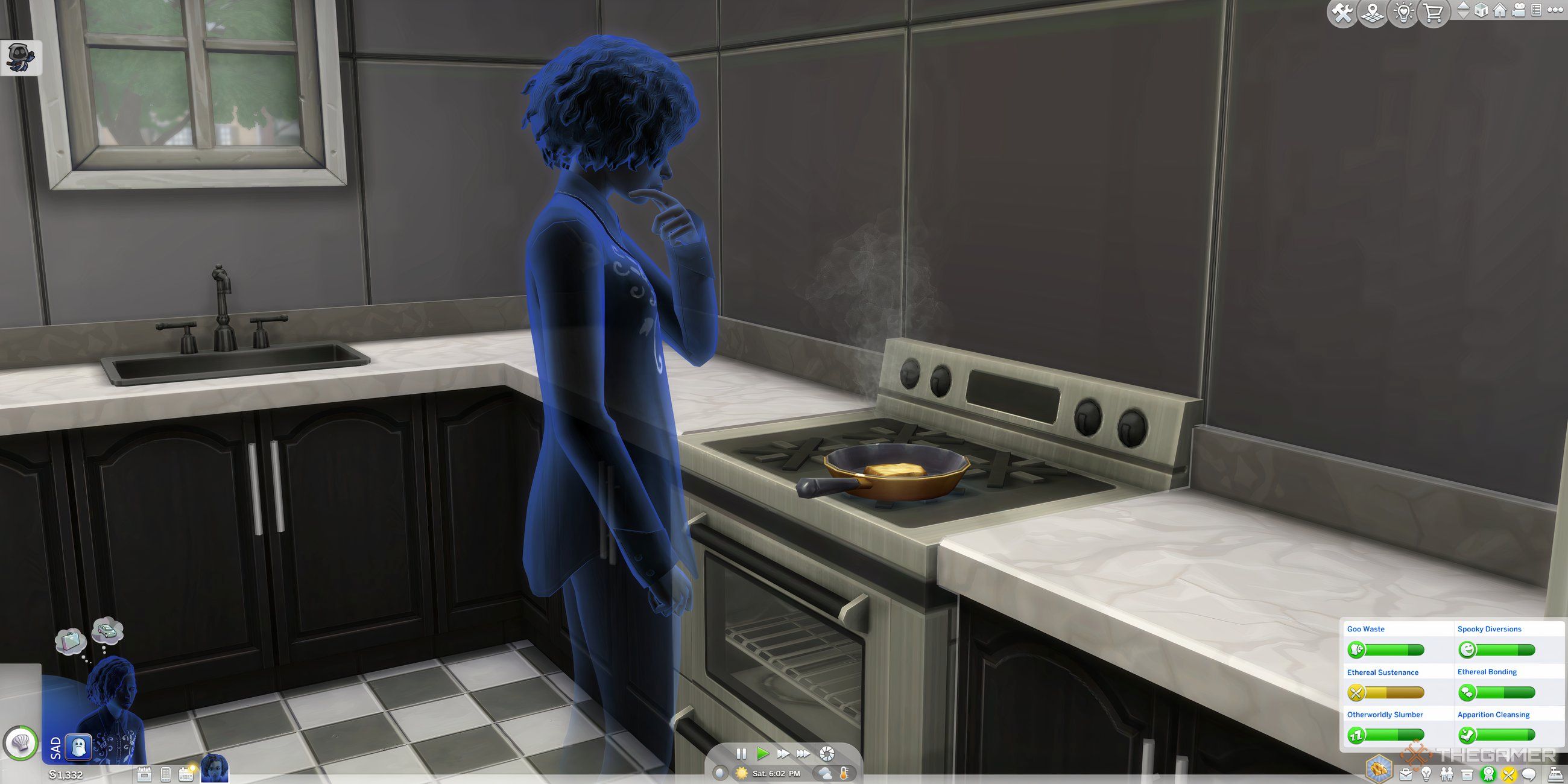 The Sims 4 a ghost Sim cooking food on a stove.