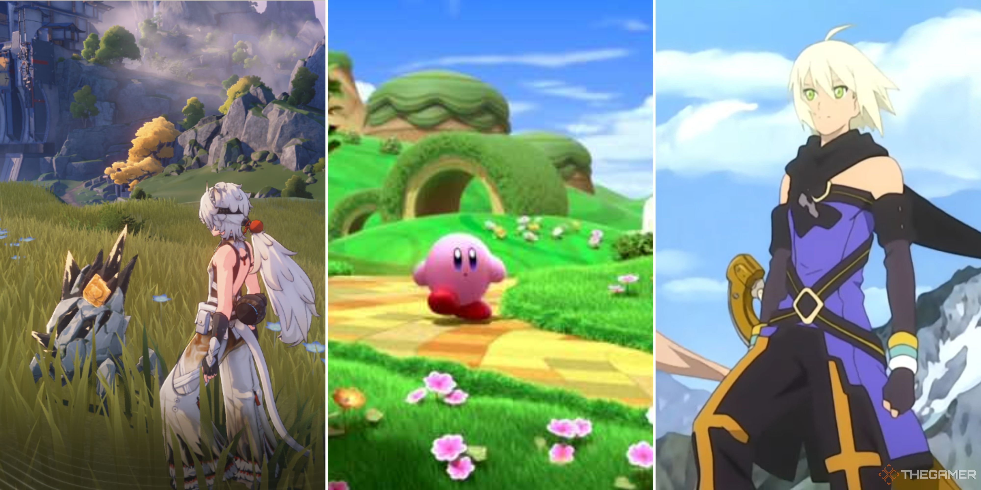 Three screenshots stand next to each other. From left to right, there&rsquo;s Lingyang from Wuthering Waves, Kirby, and Emil from Tales of Symphonia 2.