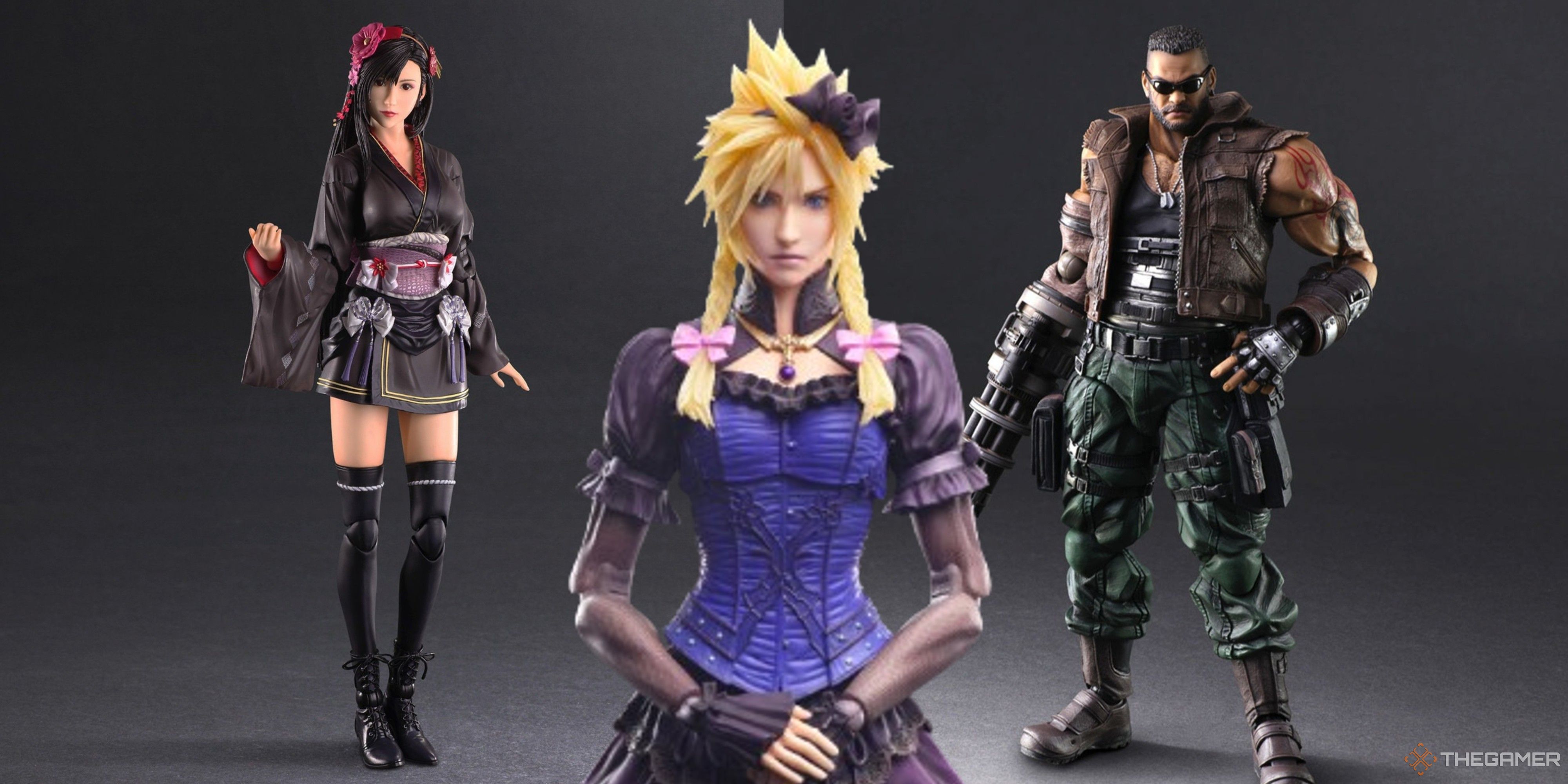 tifa, cloud, and barrett final fantasy 7 remake play arts kai action figures.