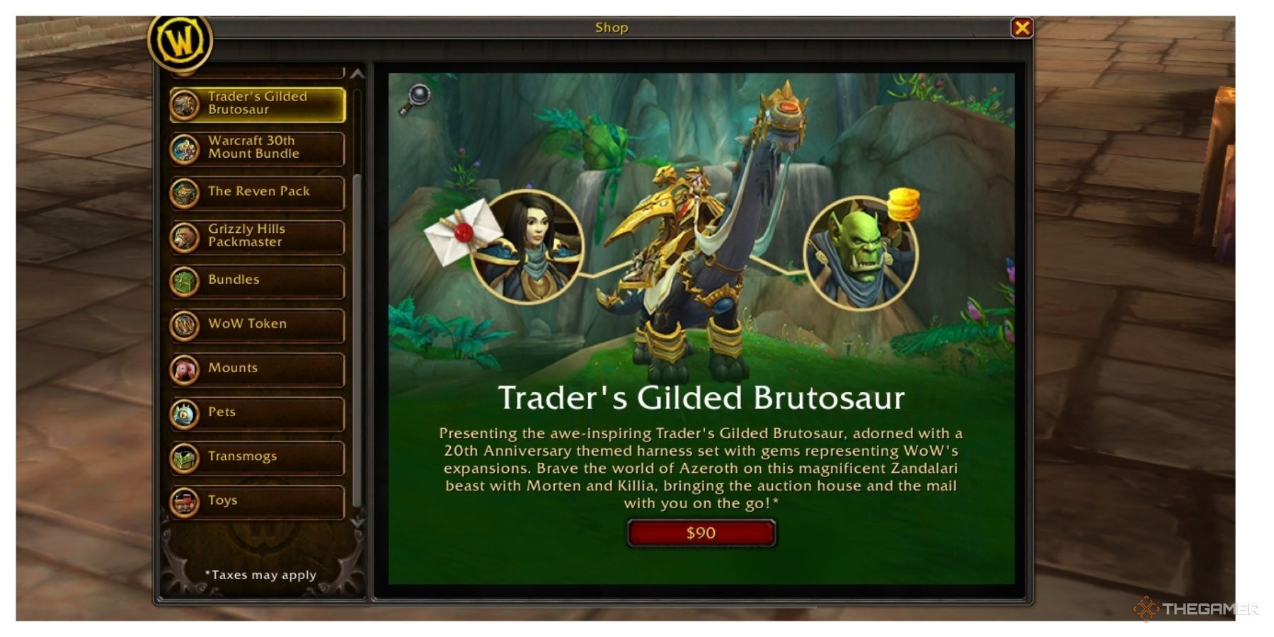 The store page shop for the Trader's Gilded Brutosaur in WoW.