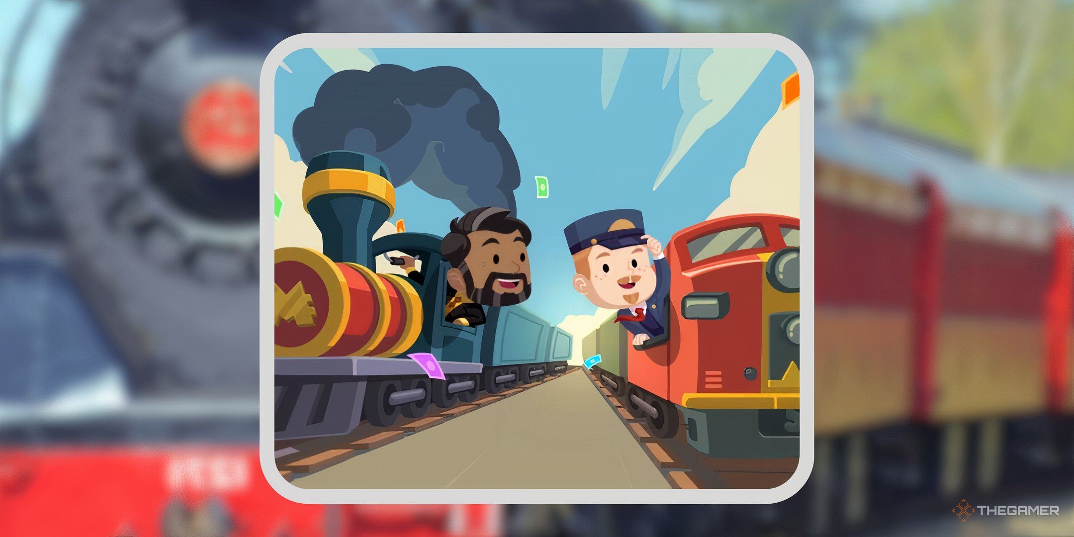 Two characters from Monopoly Go riding a train for Railroad Rush.