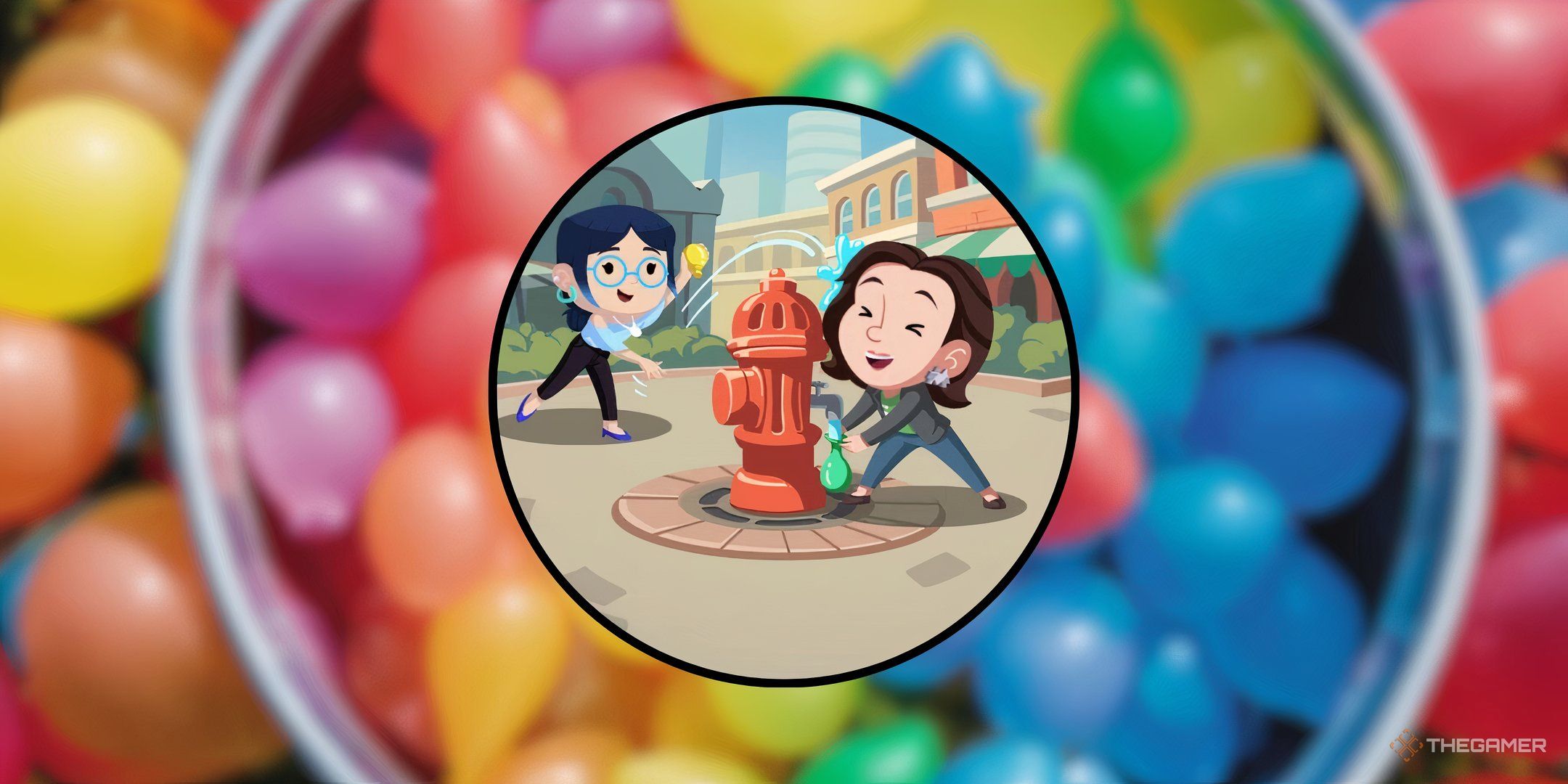 Two ladies from Monopoly Go filling water balloons at a fire hydrant in front of a blurred image of colorful water balloons for Water Works in Monopoly Go.
