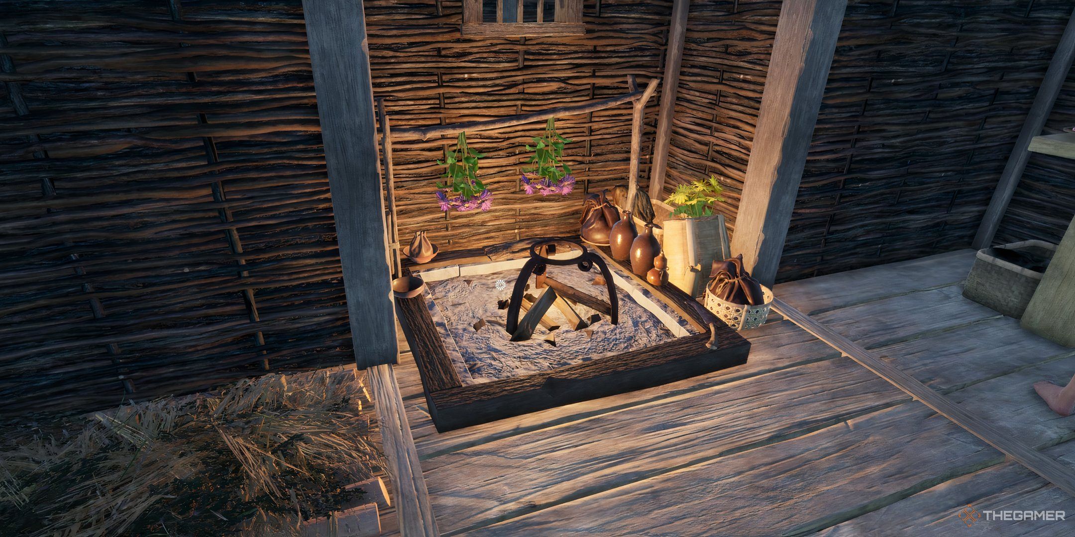 The image shows a herbalist station inside a forager's hut in Sengoku Dynasty.