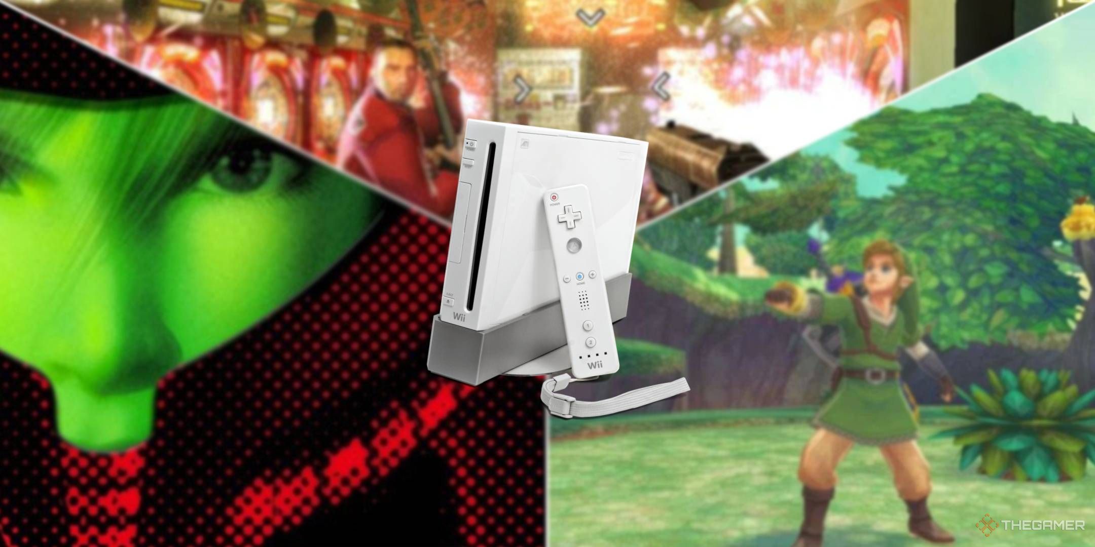 Wii console overlaid on a blurred image of some of its games.