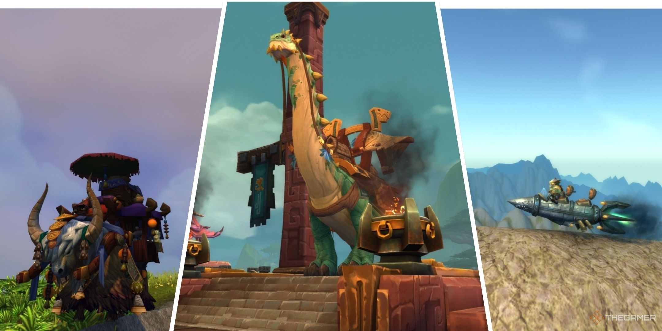 A tri-split image of the Expedition Yak, Brutosaur, and X-53 Touring Rocket mounts in World of Warcraft.