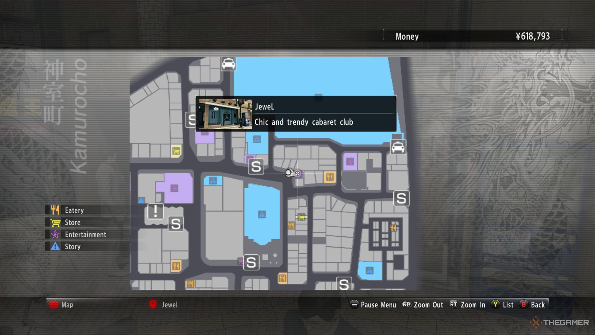 اسکرین شات Yakuza Kiwami از Club Jewel که روی نقشه برجسته شده است.