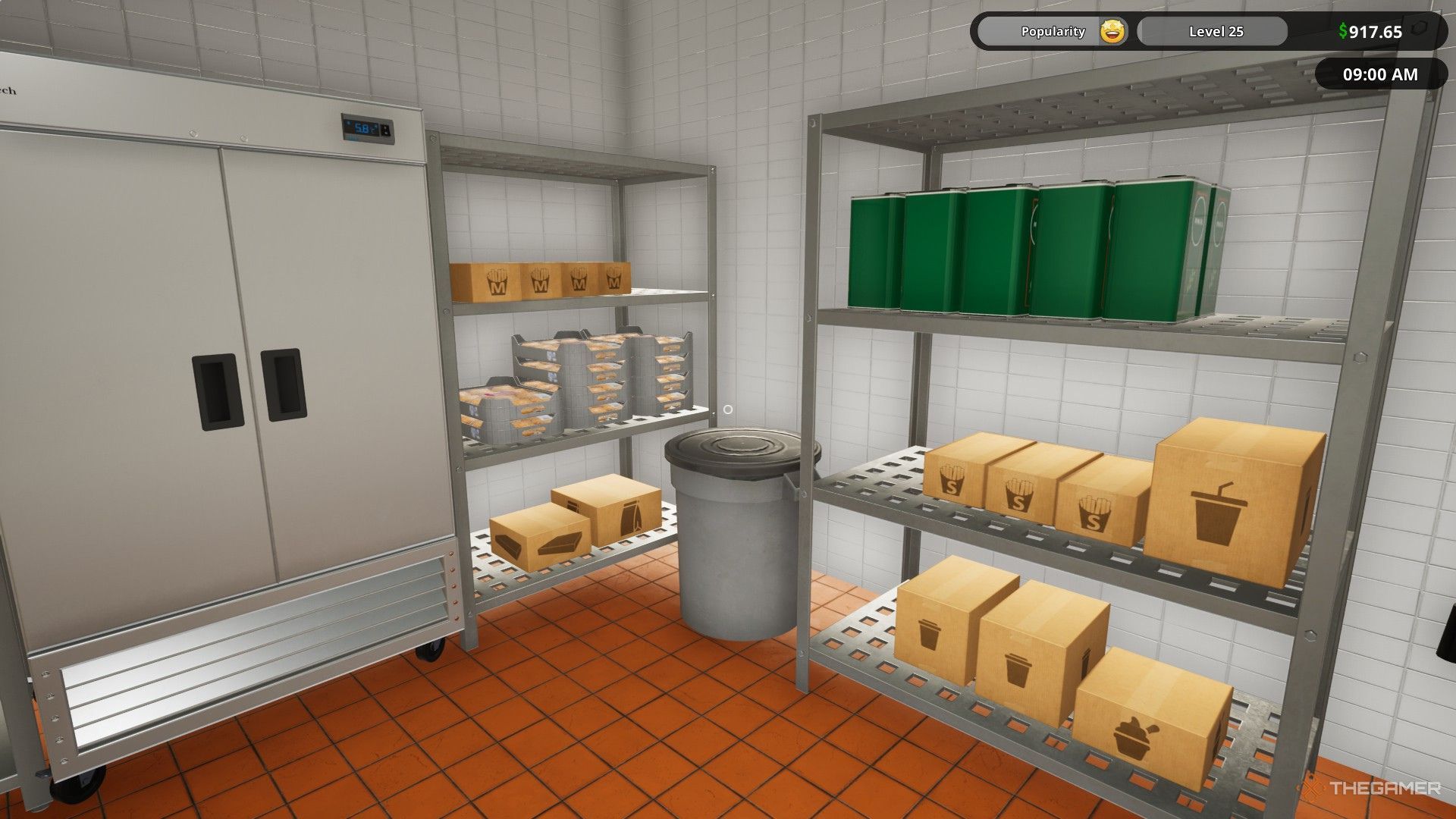 The image shows the shelves inside the kitchen are stocked up with items in Fast Food Simulator.