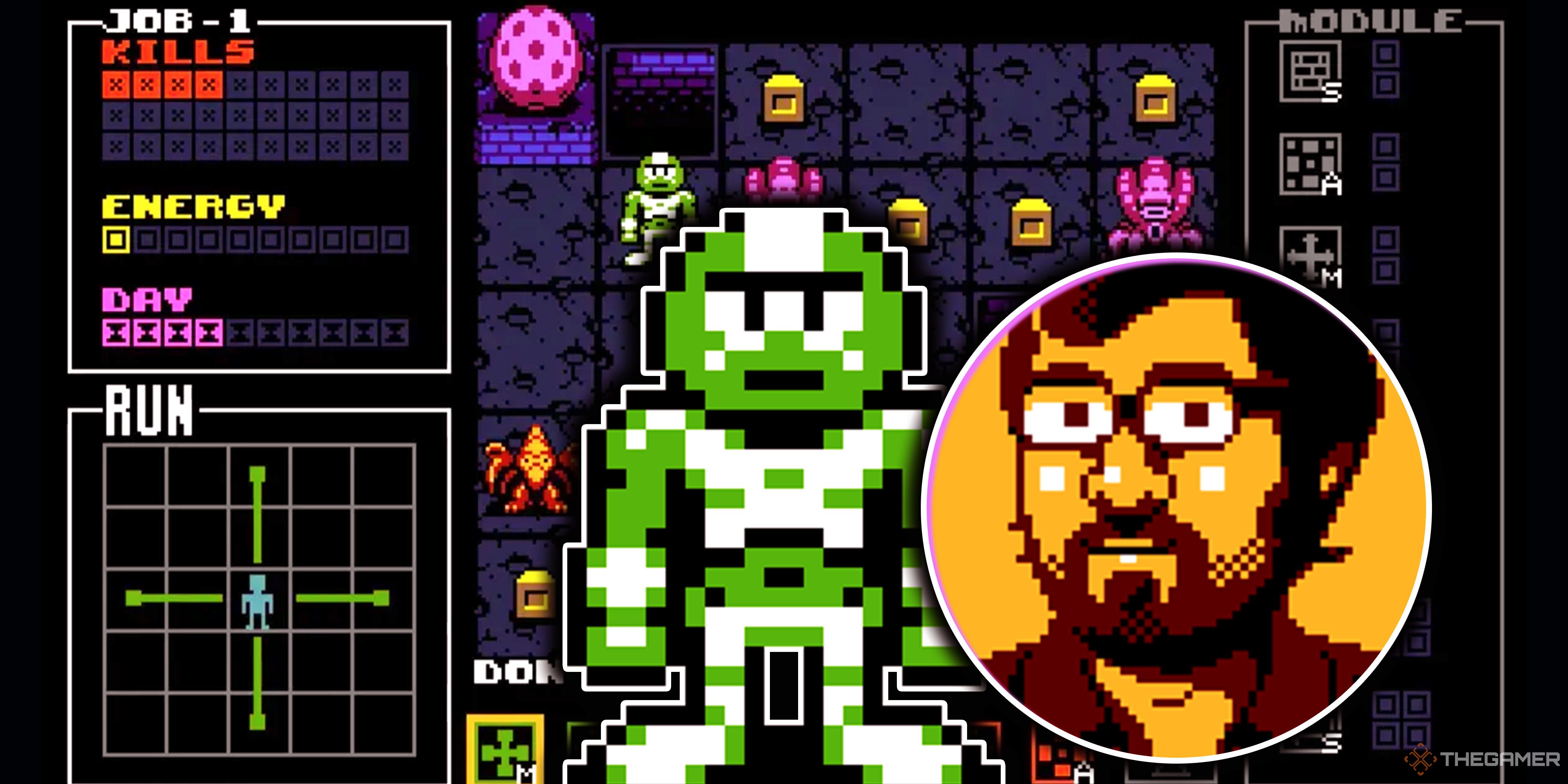 Gameplay from Bug Hunter in UFO 50 with a pixel art portrait of developer Jon Perry.