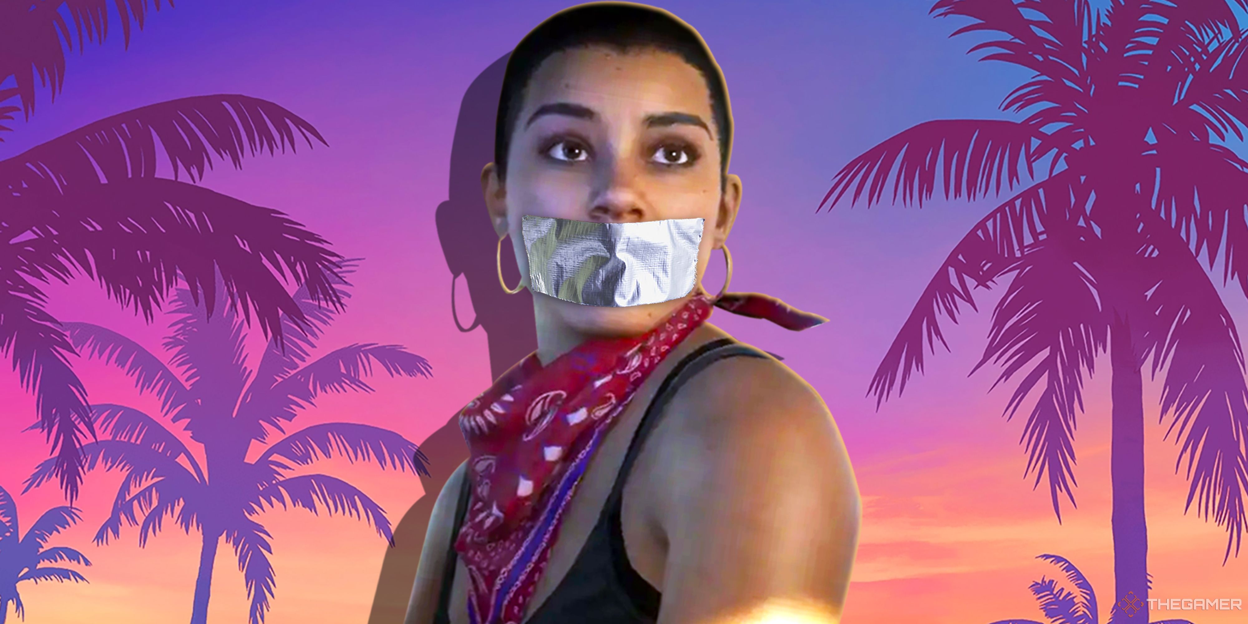 Lucia from Grand Theft Auto 6 with tape over her mouth.