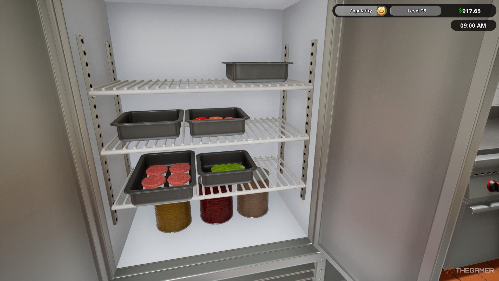 The image shows several ingredient containers, beef patty container, and several sauce cans inside a fridge in Fast Food Simulator.