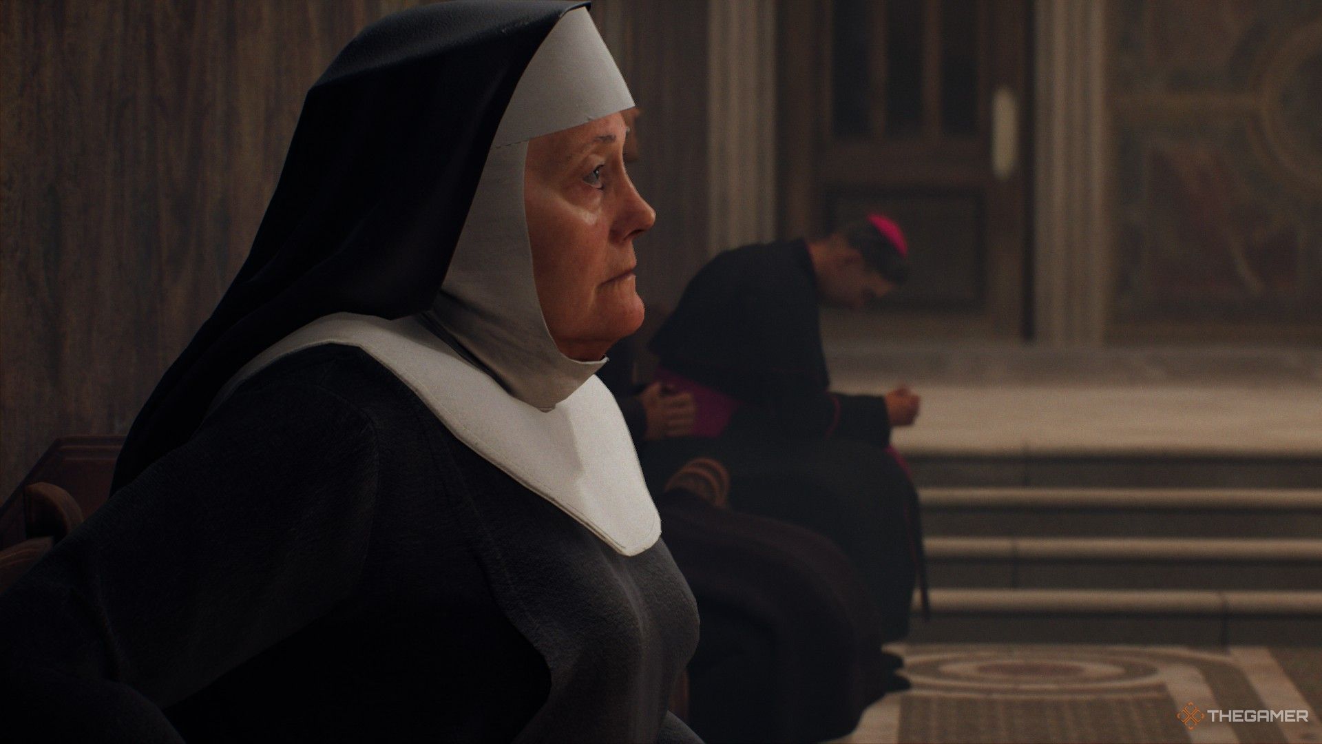 a close-up side view of sister catherine bennett in indiana jones and the great circle.