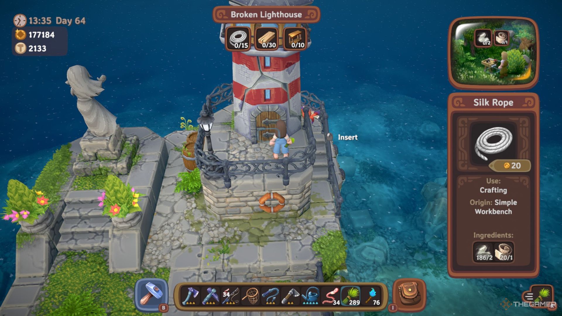 The player character inspects the lighthouse and sees the three necessary materials floating above it in Luma Island.