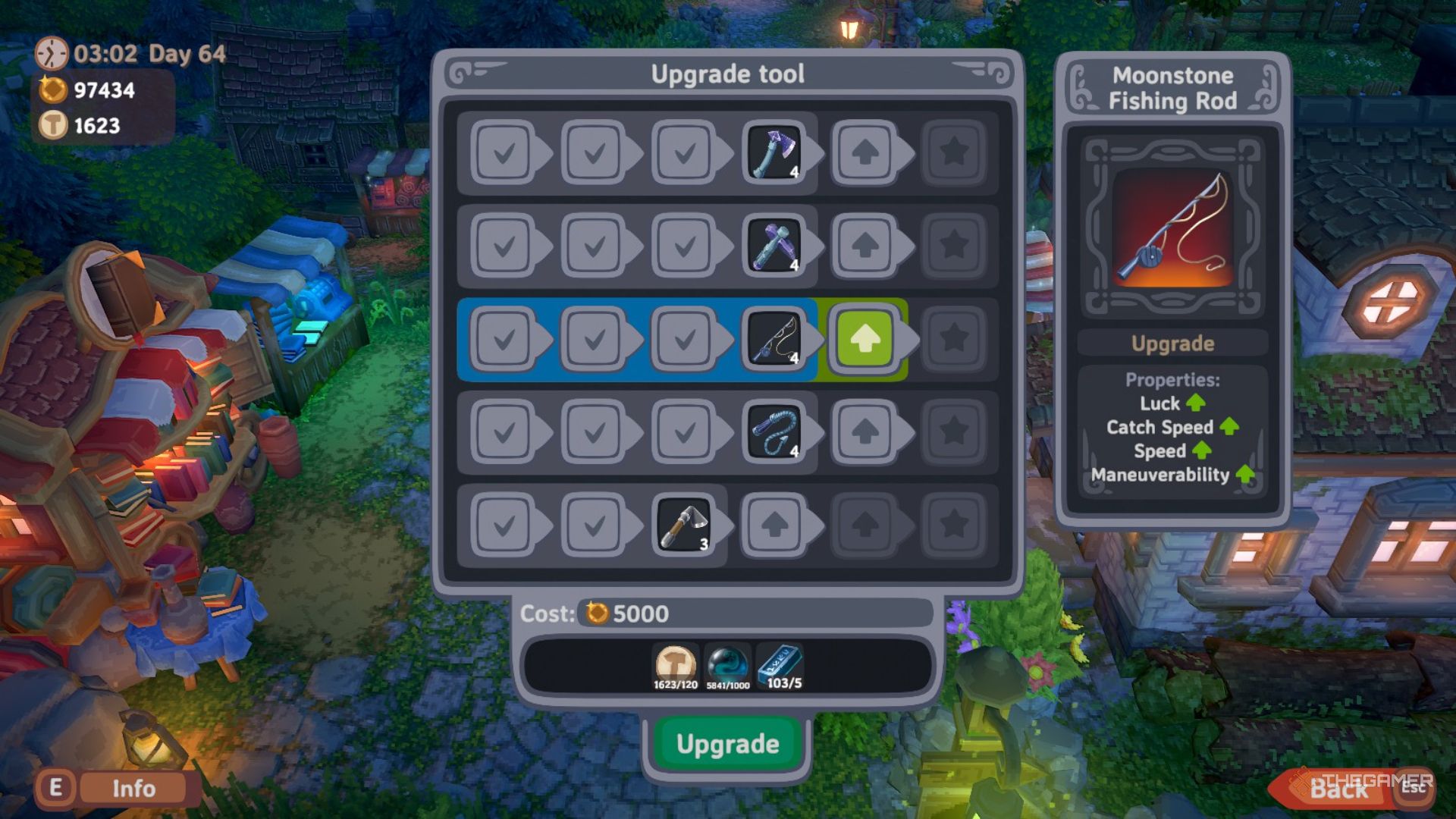 Menu of the anvil for upgrading tools showing multiple Moonstone tools and materials needed for the Moonstone Fishing Rod in Luma Island.