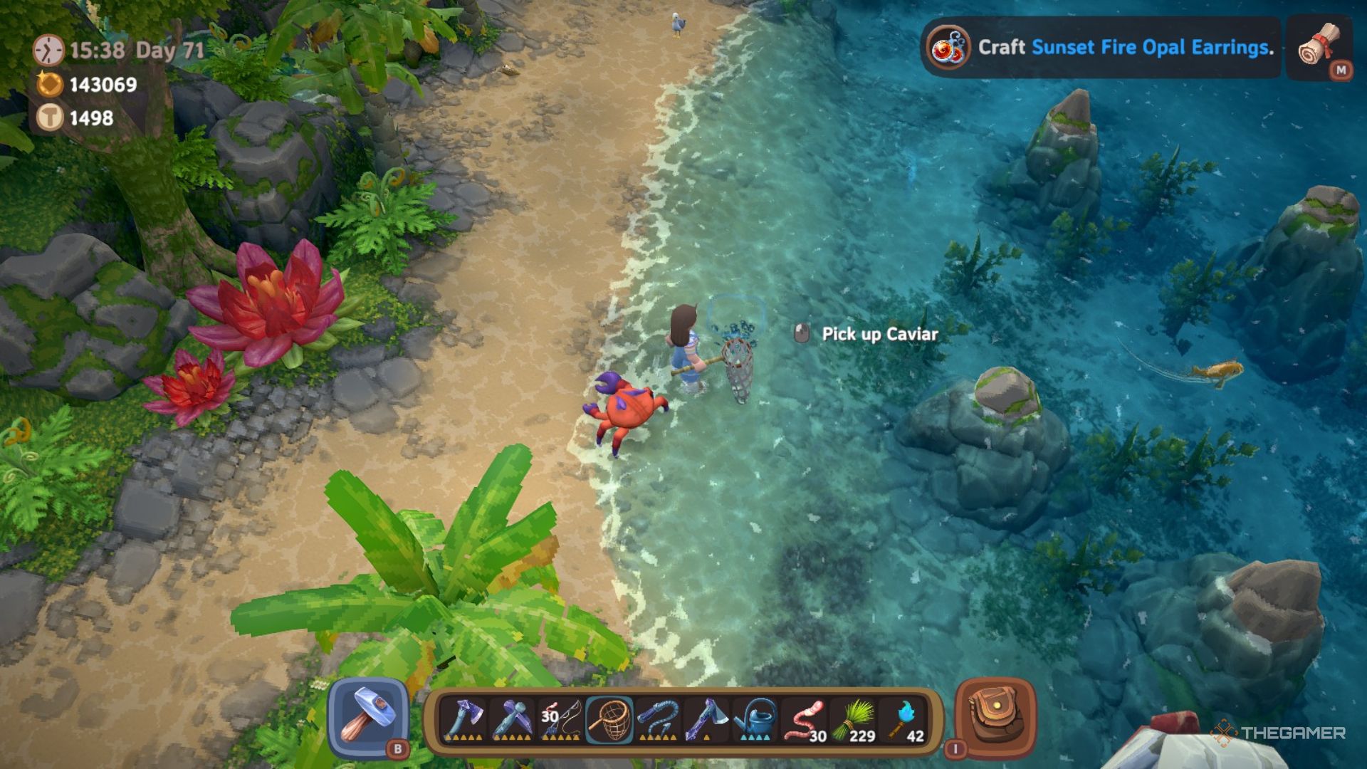 Player character standing by some Caviar in the water in the Jungle while a Bladefin swims nearby in Luma Island.