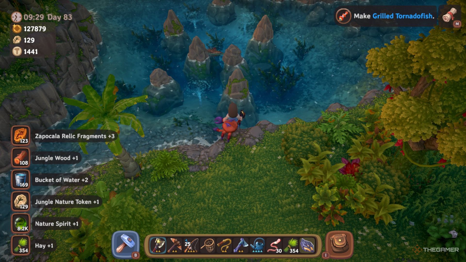 Player character in the Jungle staring at a Raging Marlin swimming around rocks and whirlpools in Luma Island.