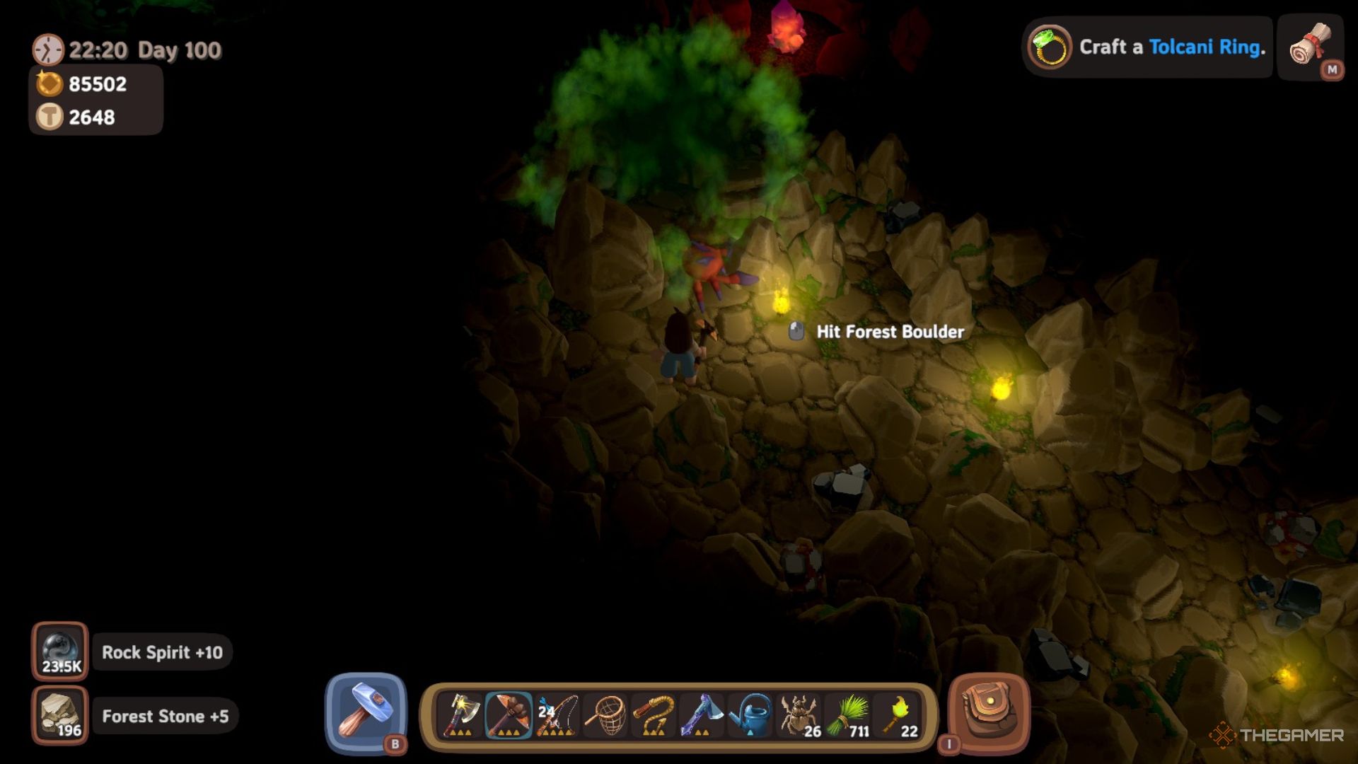 Player character standing near a green cloud of Poison near a Ruby in the Forest Cave in Luma Island.