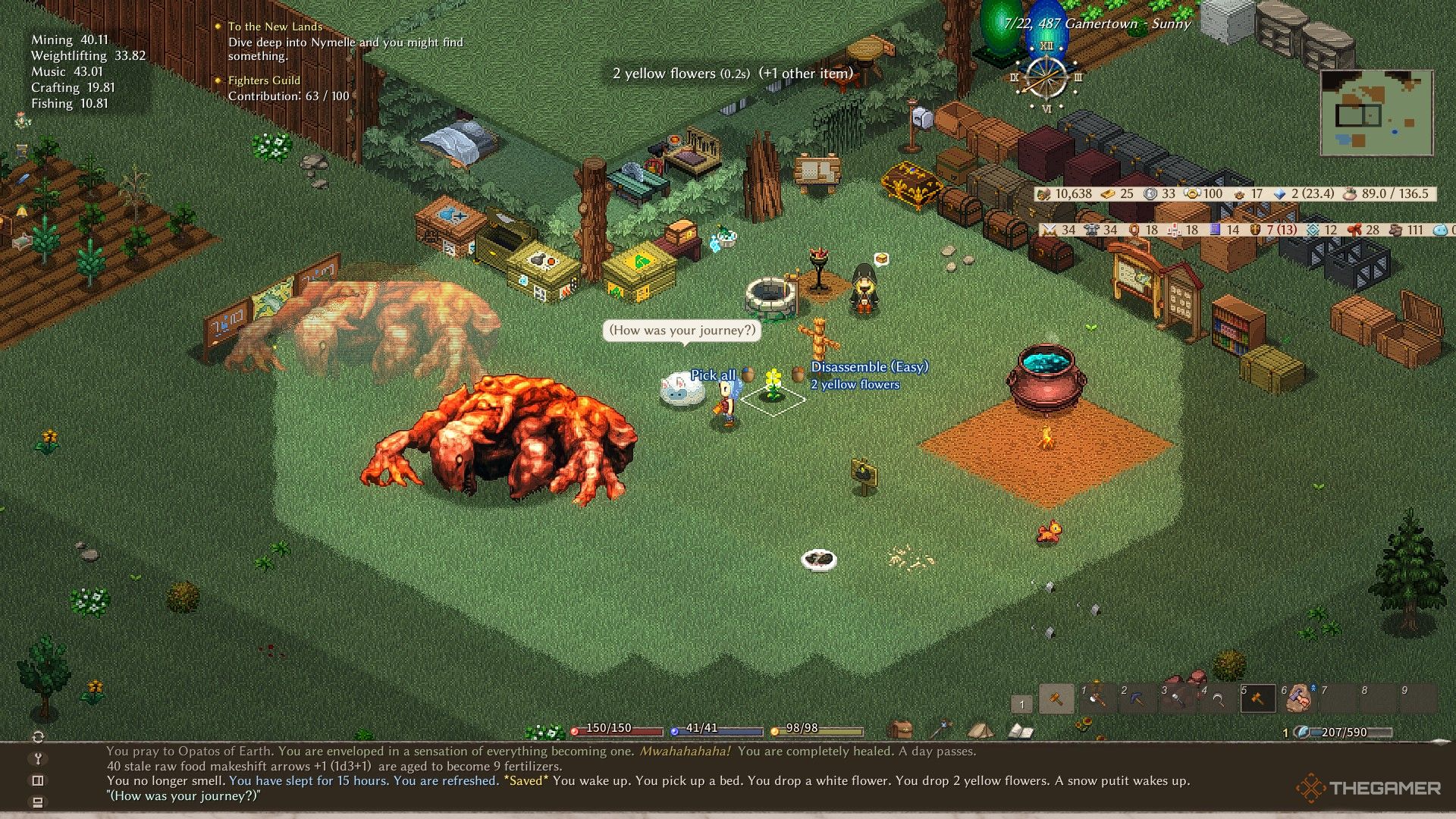 A player in Elin stands next to a holographic card and sculpture of an intimidating demon.