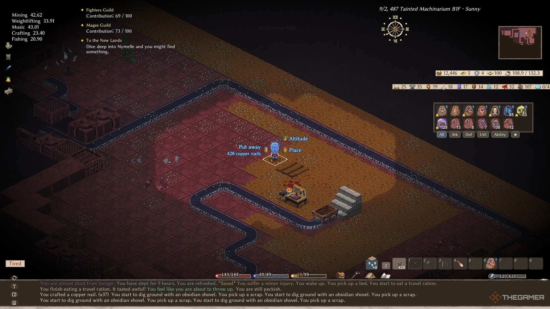 An adventurer in Elin has cleared a mechanarium and is now strip mining the walls and floors for cheap copper.