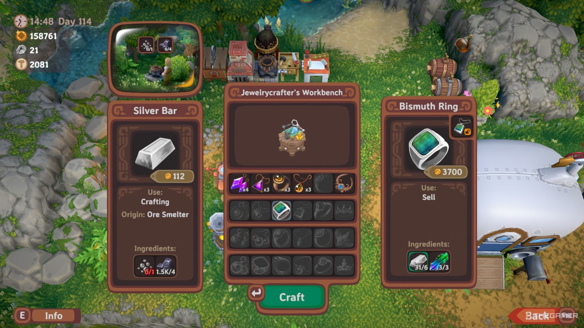 Menu for the Jewelrycrafter's Workbench showing a variety of recipes and focusing on the Bismuth Ring in Luma Island.