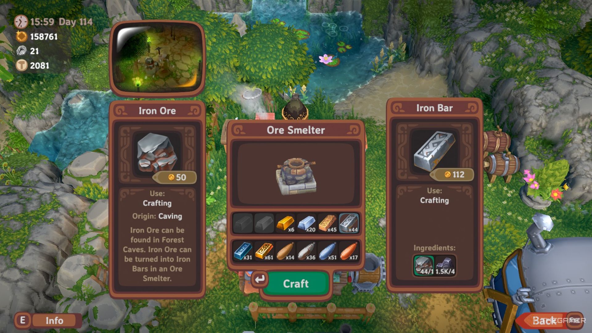 Menu for the Ore Smelter showing a variety of metal bars ready to be smelted and focusing on Iron Bars in Luma Island.