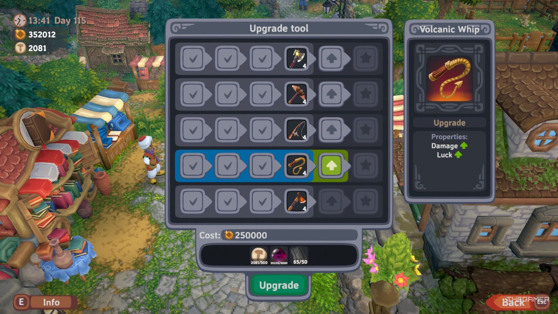 Menu of the anvil for upgrading tools showing the cost and materials for the final Volcanic Whip upgrade in Luma Island.