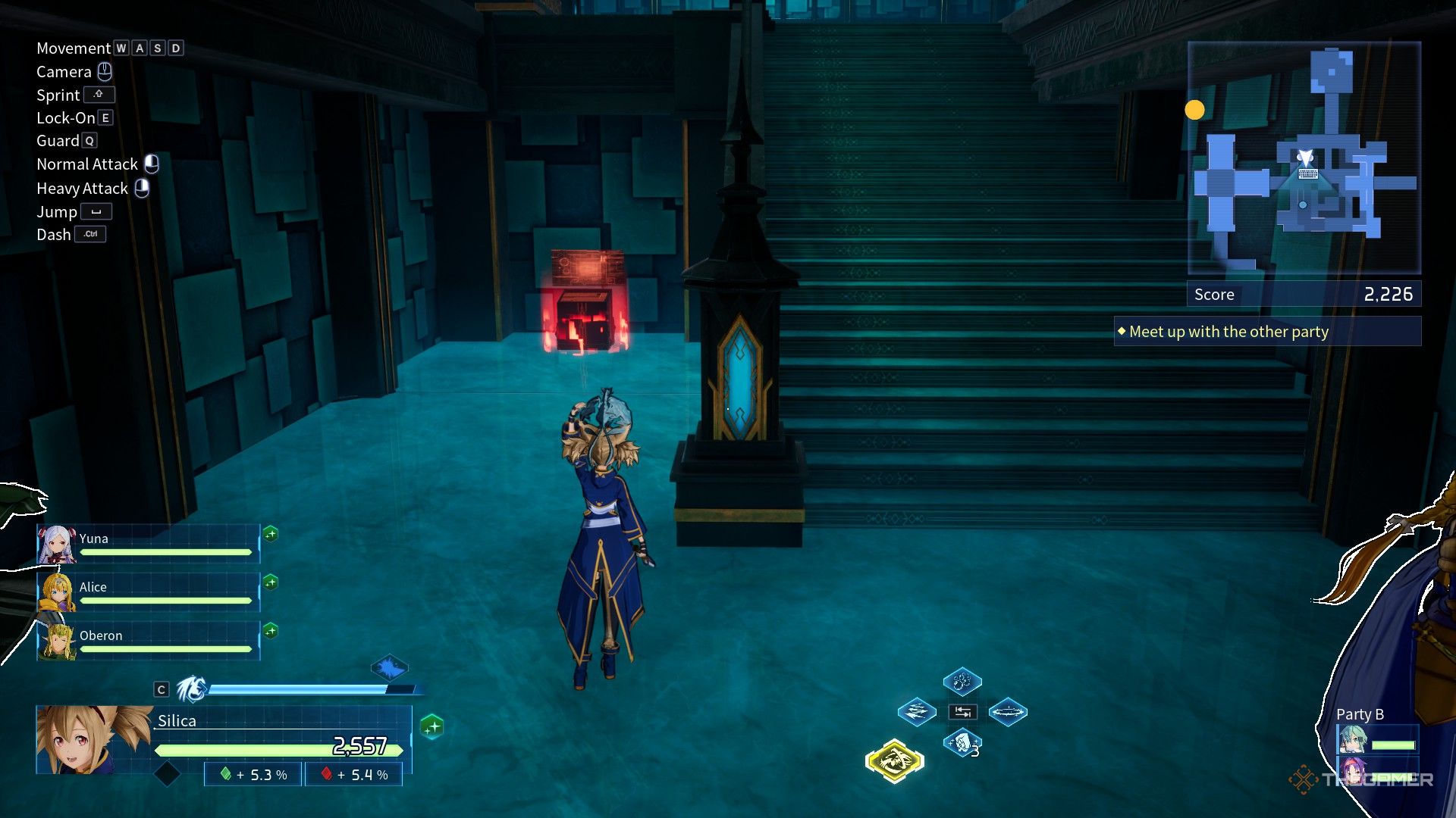 Silica is standin in front of a console near the stairs in Sword Art Online: Fractured Daydream.
