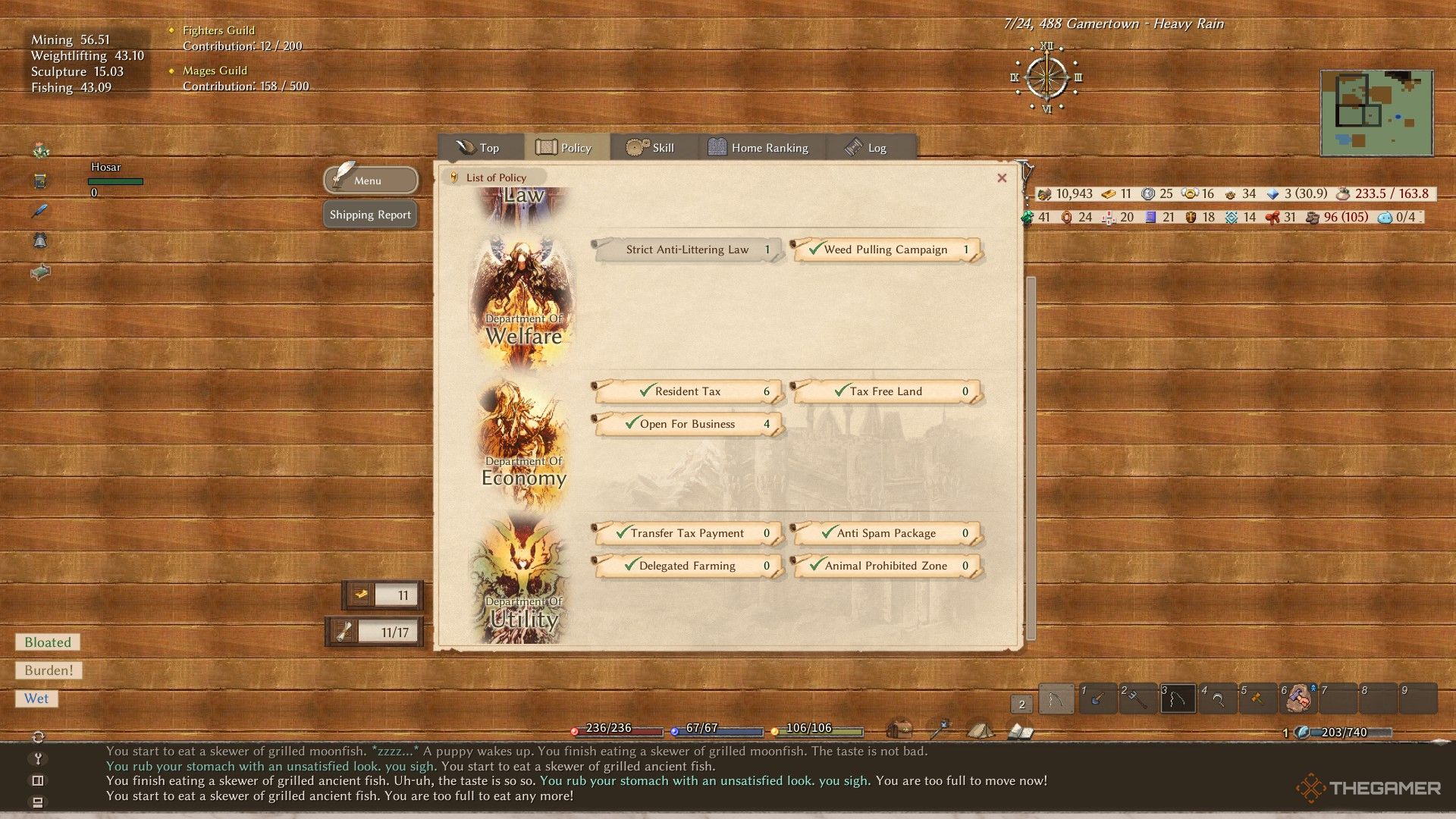 A player in Elin configures their home board to levy taxes and accept tourists.