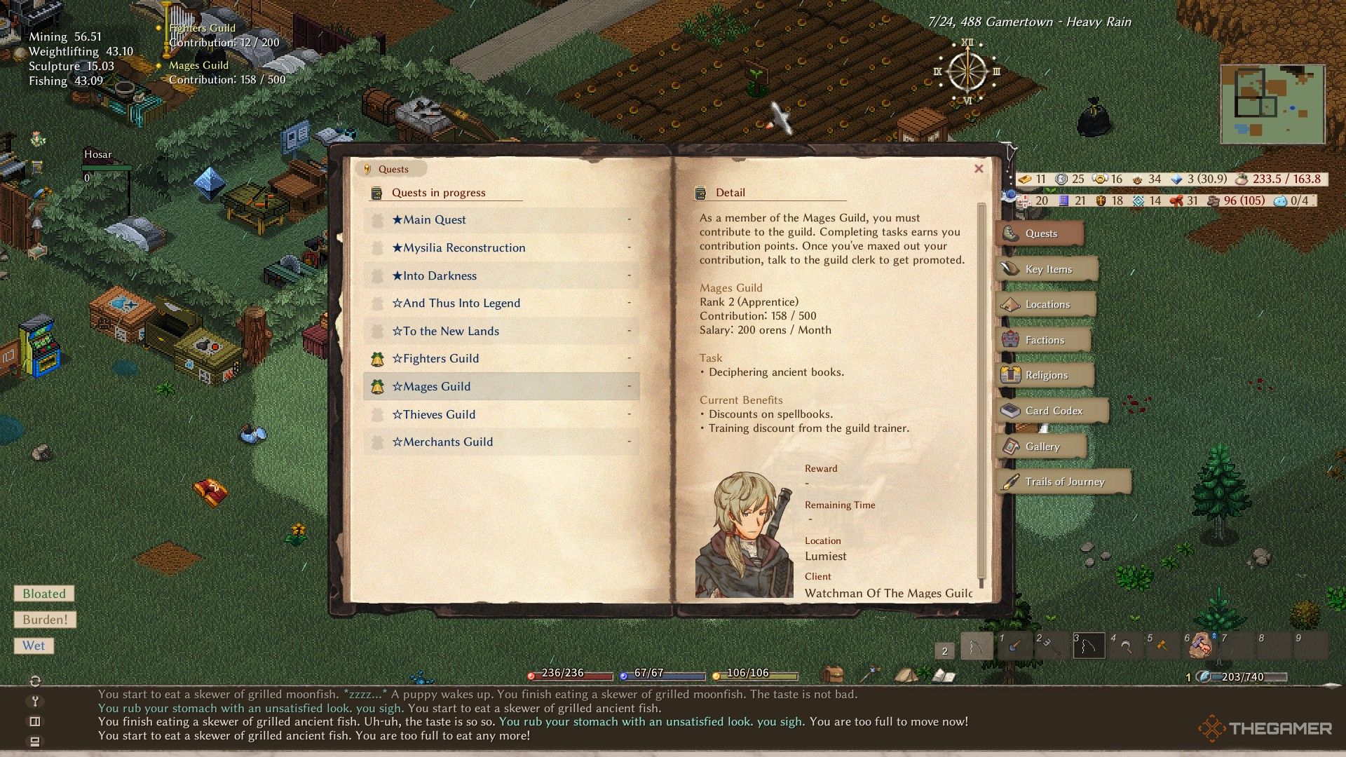 A player in Elin has reached apprentice rank in the Mages' Guild, earning a salary of 200 orens a month.
